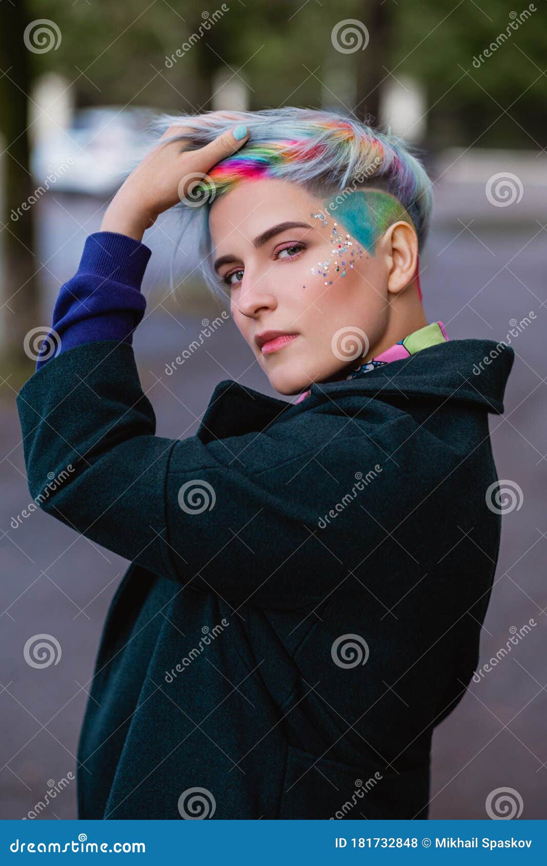 Portrait of a Young Beautiful Woman with a Short Haircut and Dyed Hair. Grey Main Color and Yellow, Green, Blue and Red Stock Photo - Image of colourful, pink: 181732848 Portrait of a Young Beautiful Woman with a Short Haircut and Dyed Hair. Grey Main Color and Yellow, Green, Blue and Red Stock Photo - Image of colourful, pink: 181732848
