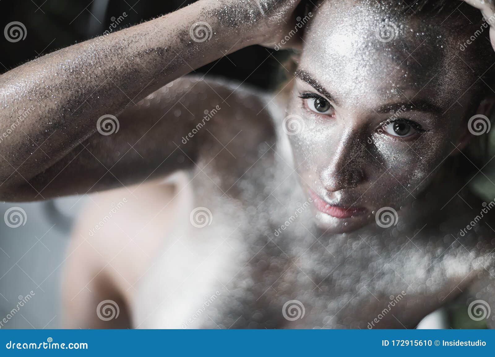 Portrait of a Young Beautiful Woman with Very Big Breasts in Silver Paint.  Naked Girl with Sparkles of Metallic Color on Stock Photo - Image of  brilliance, boobs: 172915610