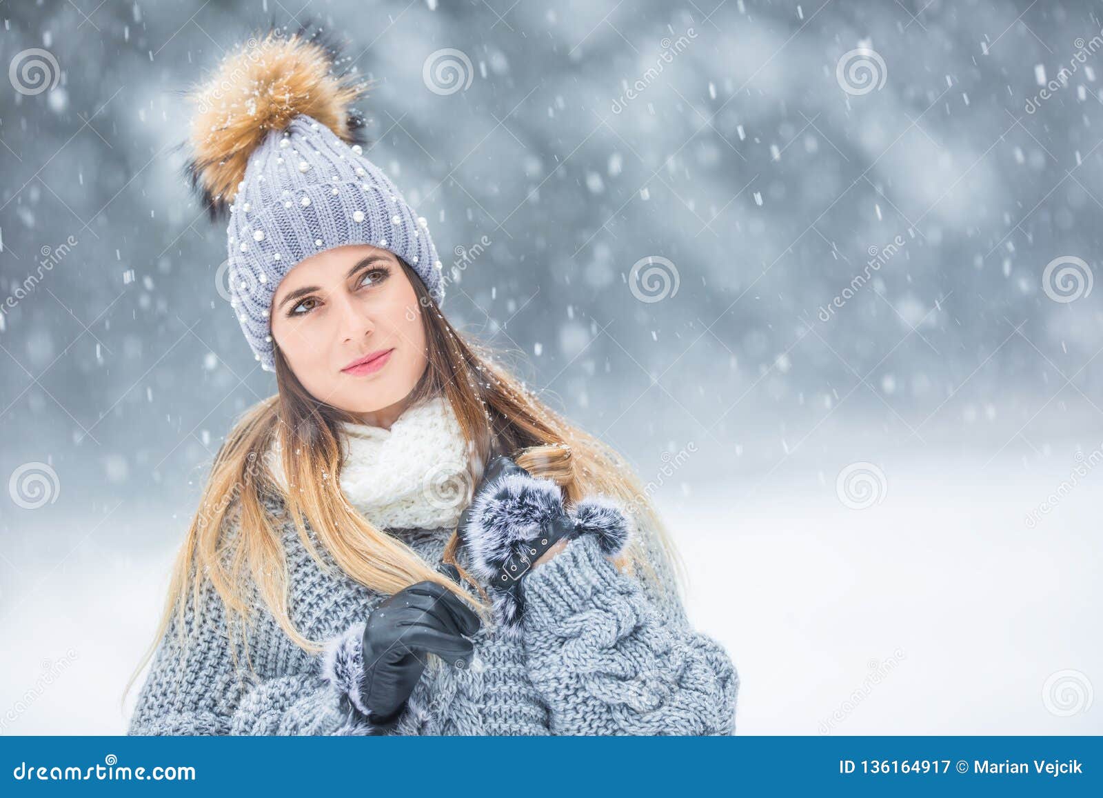 Portrait of Young Beautiful Woman in Winter Clothes and Strong Snowing ...