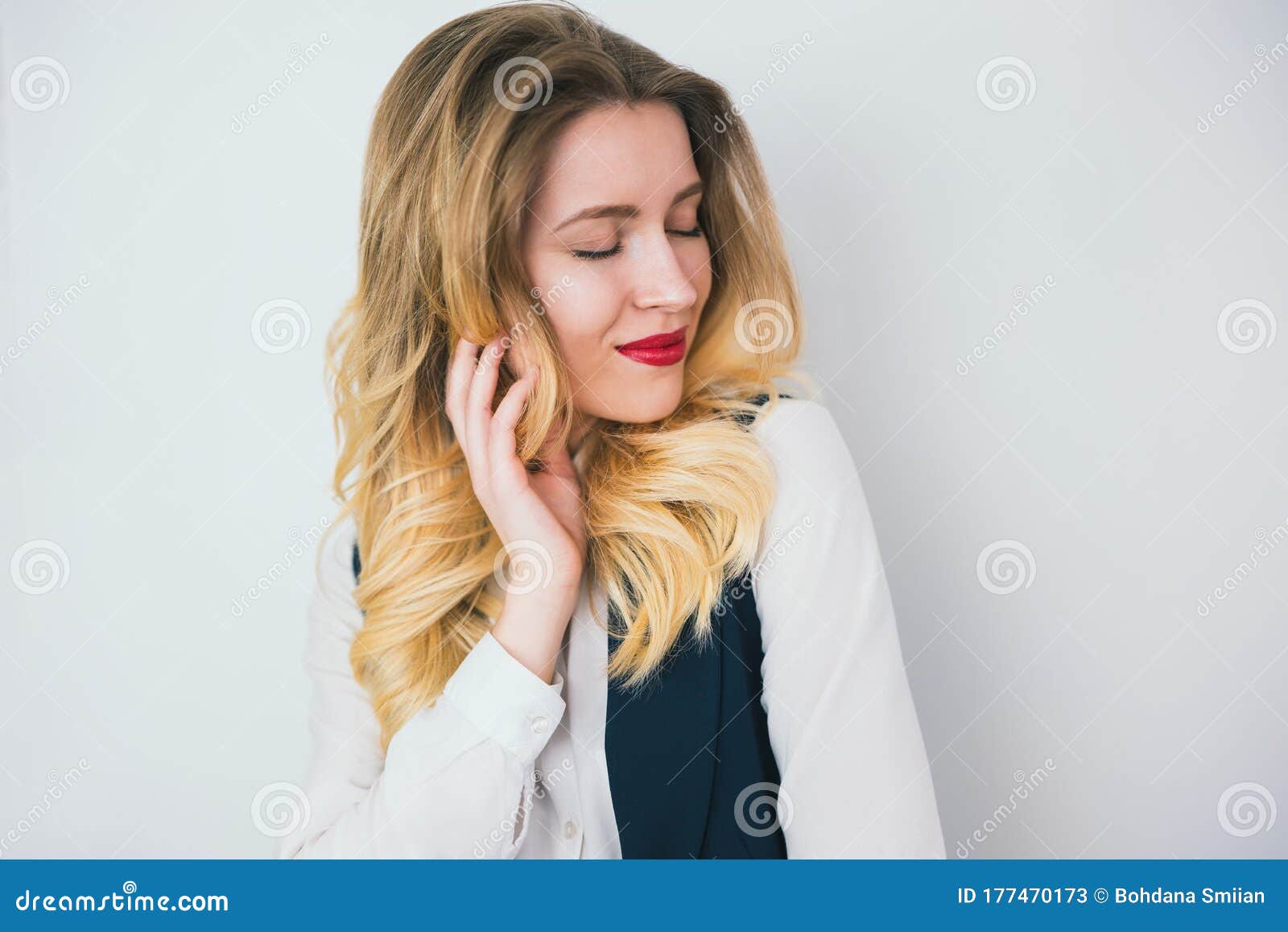 Portrait of Young Blond Beautiful Woman with Red Lips Wearing Smart ...