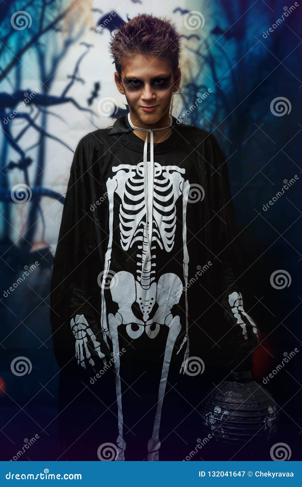 Portrait of Young Boy in Skeleton with Makeup. Celebration of Holiday Halloween, the Boy in Image, the Skeleton Theme Stock Image - Image background, 132041647