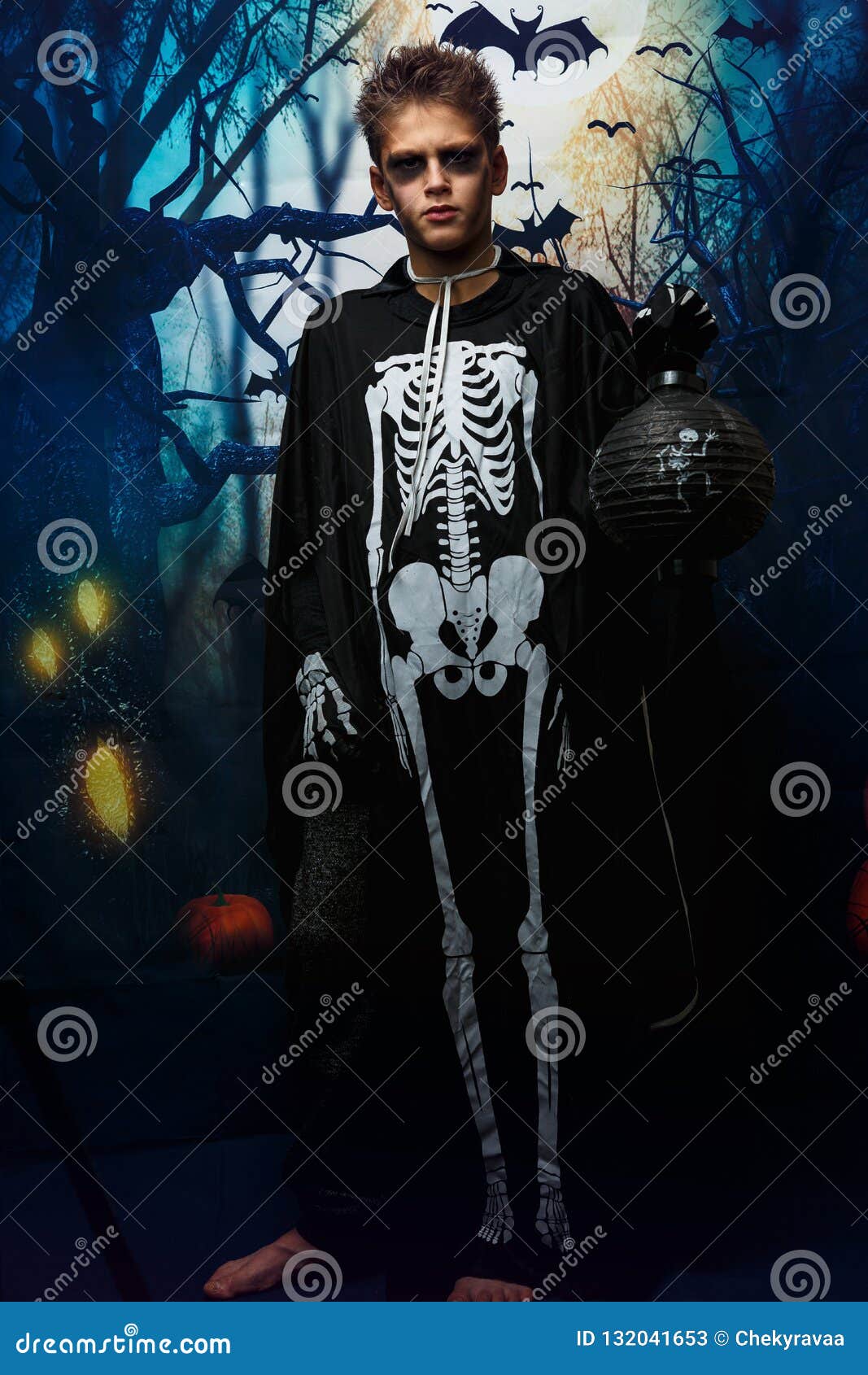 Portrait of Young Boy Skeleton Costume with Makeup. of Holiday Halloween, the Boy in the Image, the Skeleton Theme Stock Image - Image of celebration, tradition: 132041653