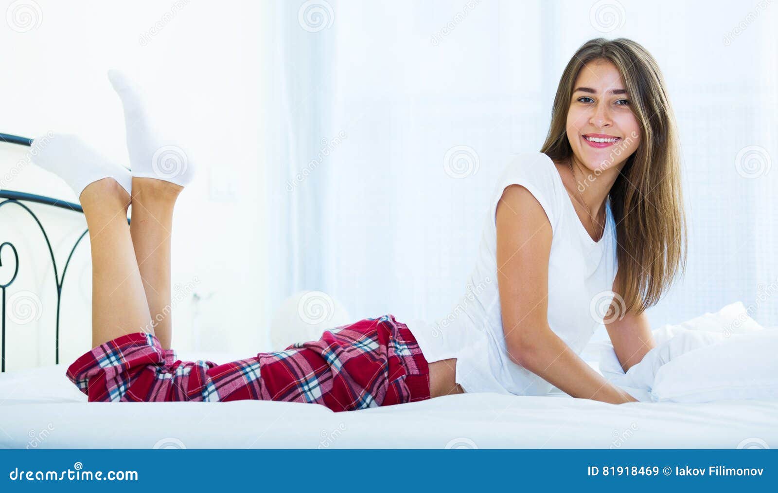 Portrait Of Young Brunette Posing In Home Bed Stock Image Image Of