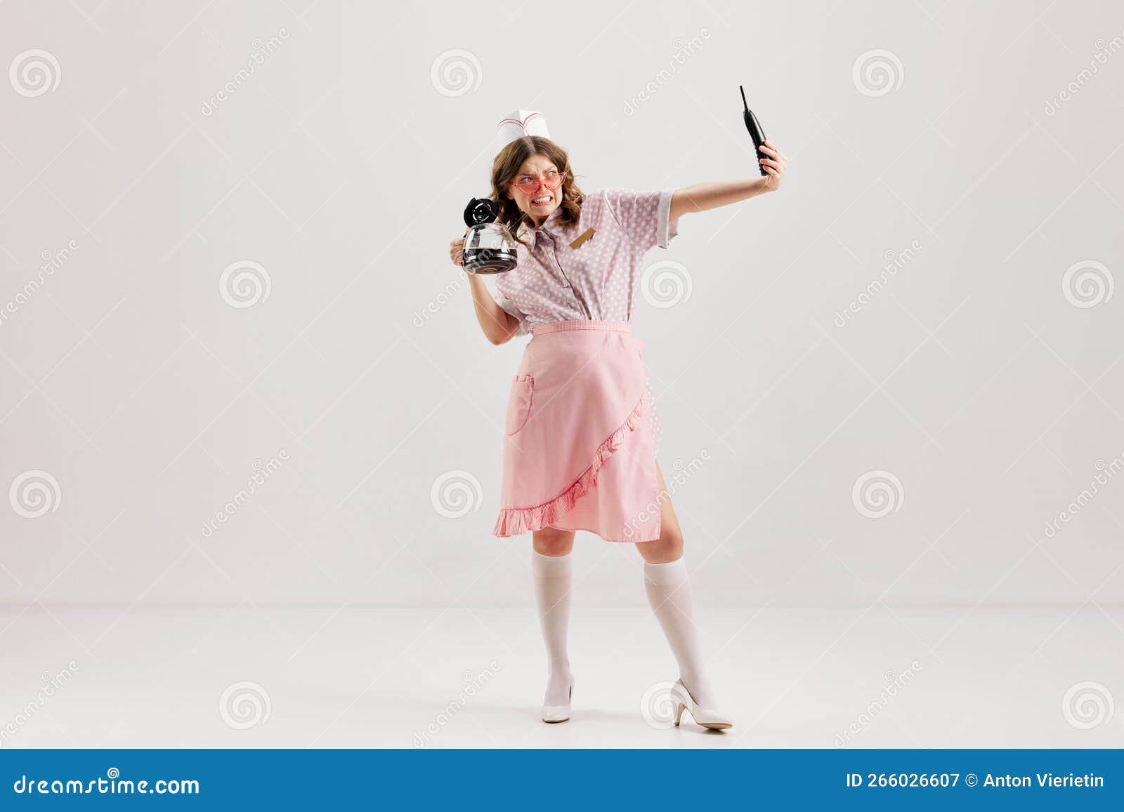 Portrait of Young Female Waitress, Sensual Woman in Retro American Fashion  Style of 70s, 80s in Action Motion Over Grey Stock Image - Image of  fifties, coffee: 266026607