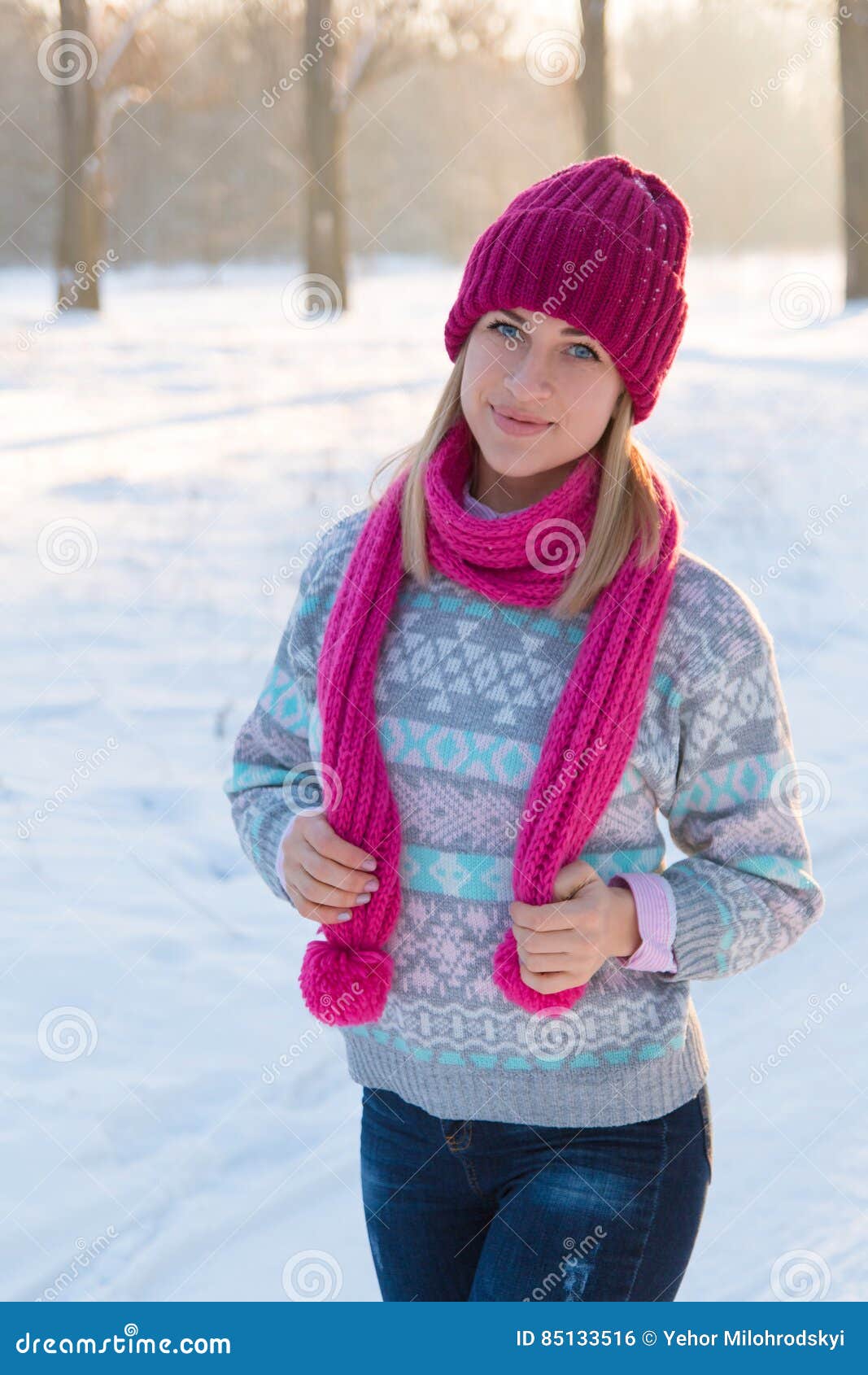 Portrait of Young Girl in Pink Hat and Scarf Stock Photo - Image of ...