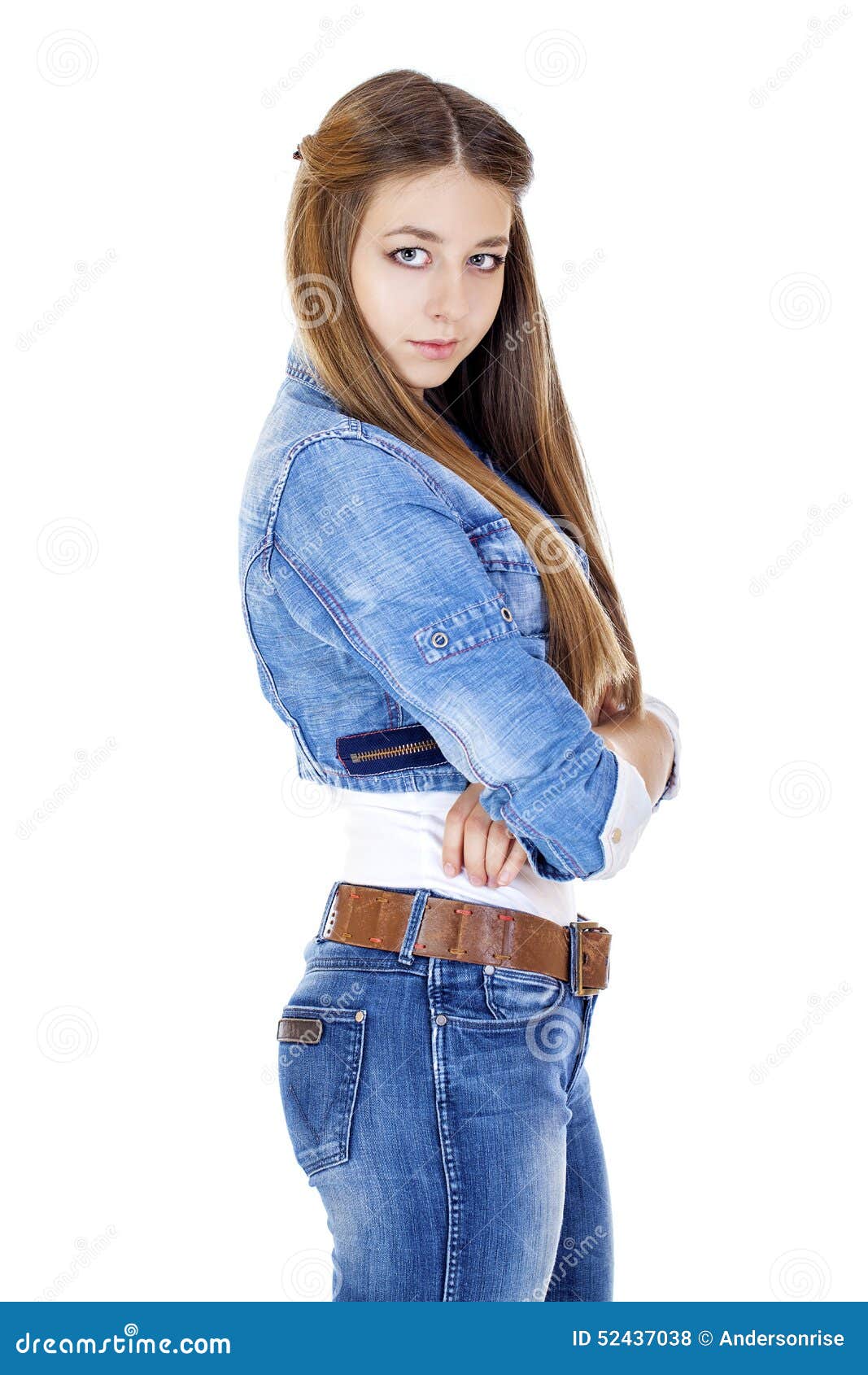 Portrait of a Young Girl Teenager in Jeans Jacket and Blue Jeans Stock ...
