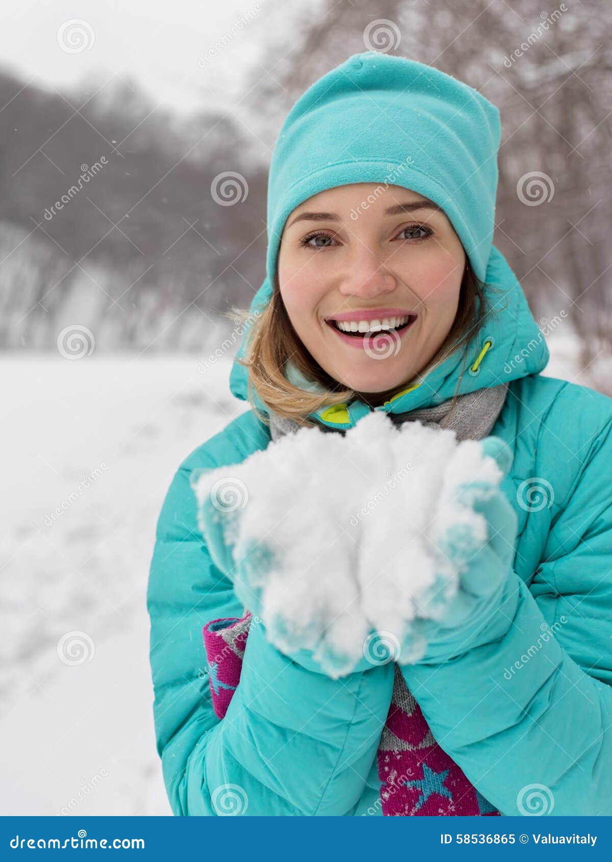 Portrait of Young Happy Pretty Woman with Snow in Palms Stock Image ...