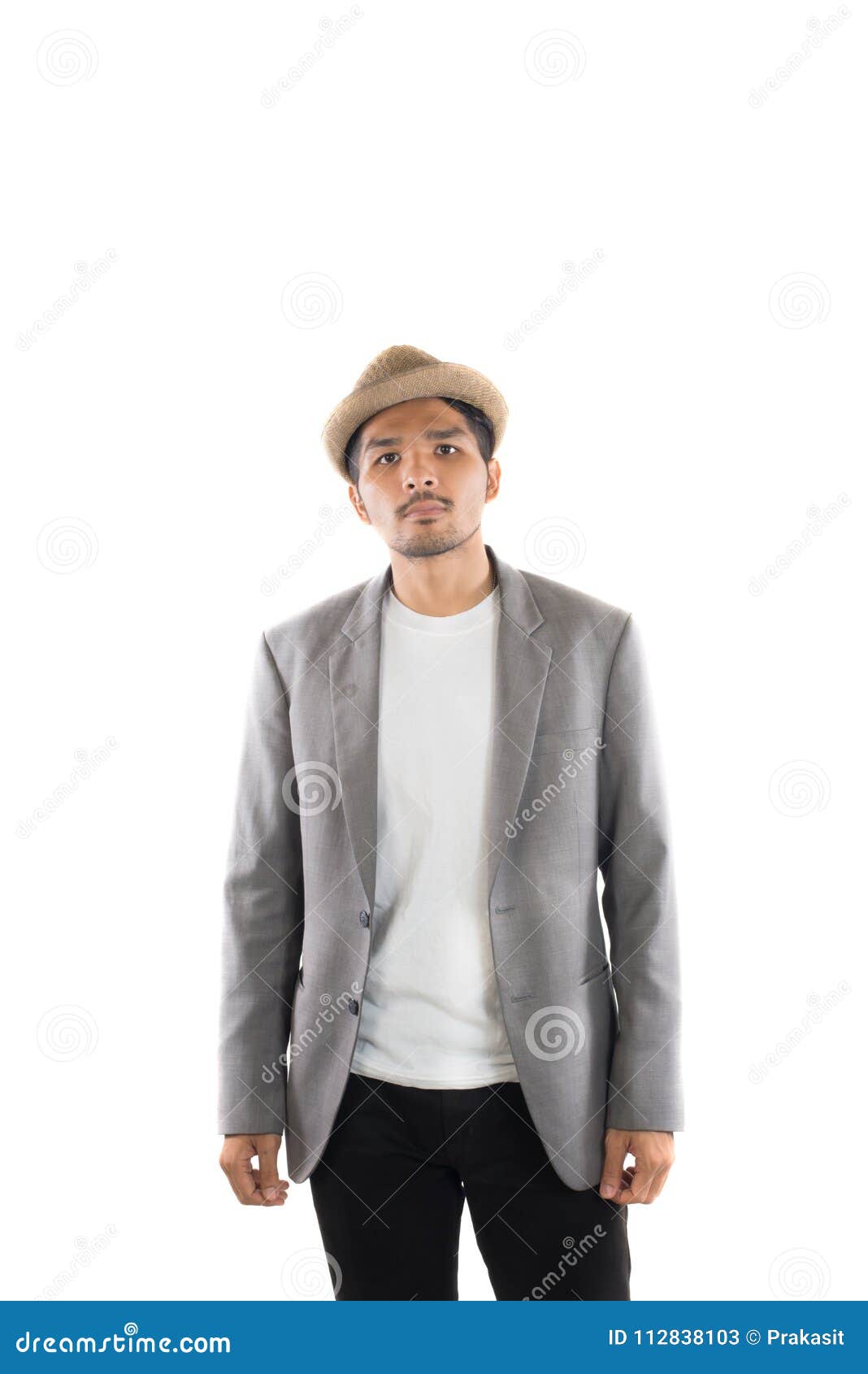 Portrait of Young Hipster Man in Gray Suit Casual Poses at Studio ...