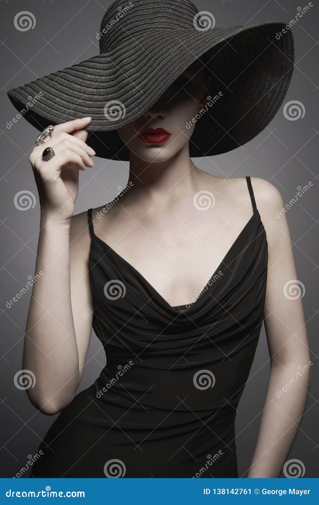 Portrait of Young Lady with Black Hat and Evening Dress Stock Image ...