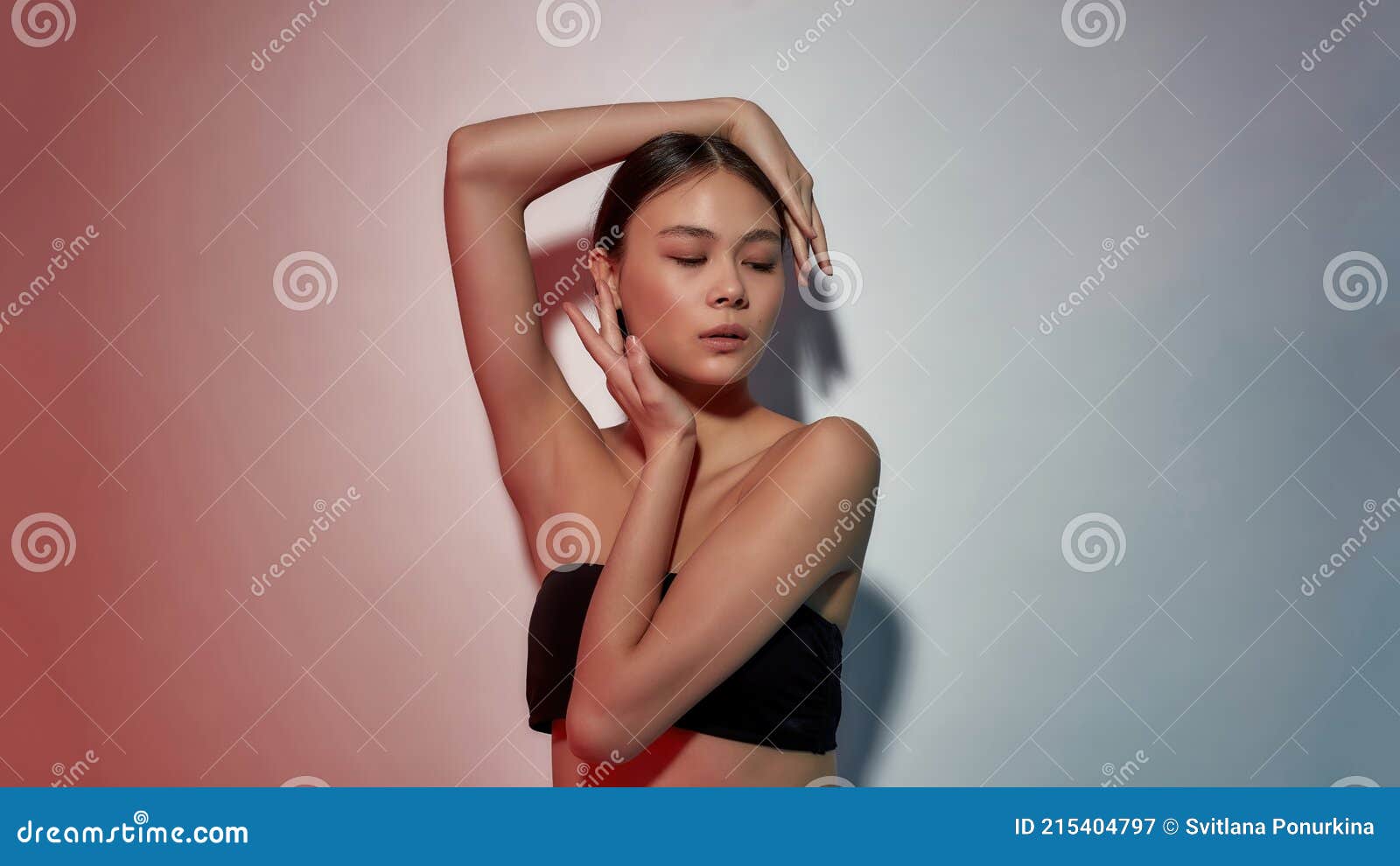 1600px x 990px - Portrait of a Young Magnificent Half-naked Asian Girl in a Black Top  Tenderly Holding Her Head and Watching Aside Down Stock Image - Image of  facial, people: 215404797