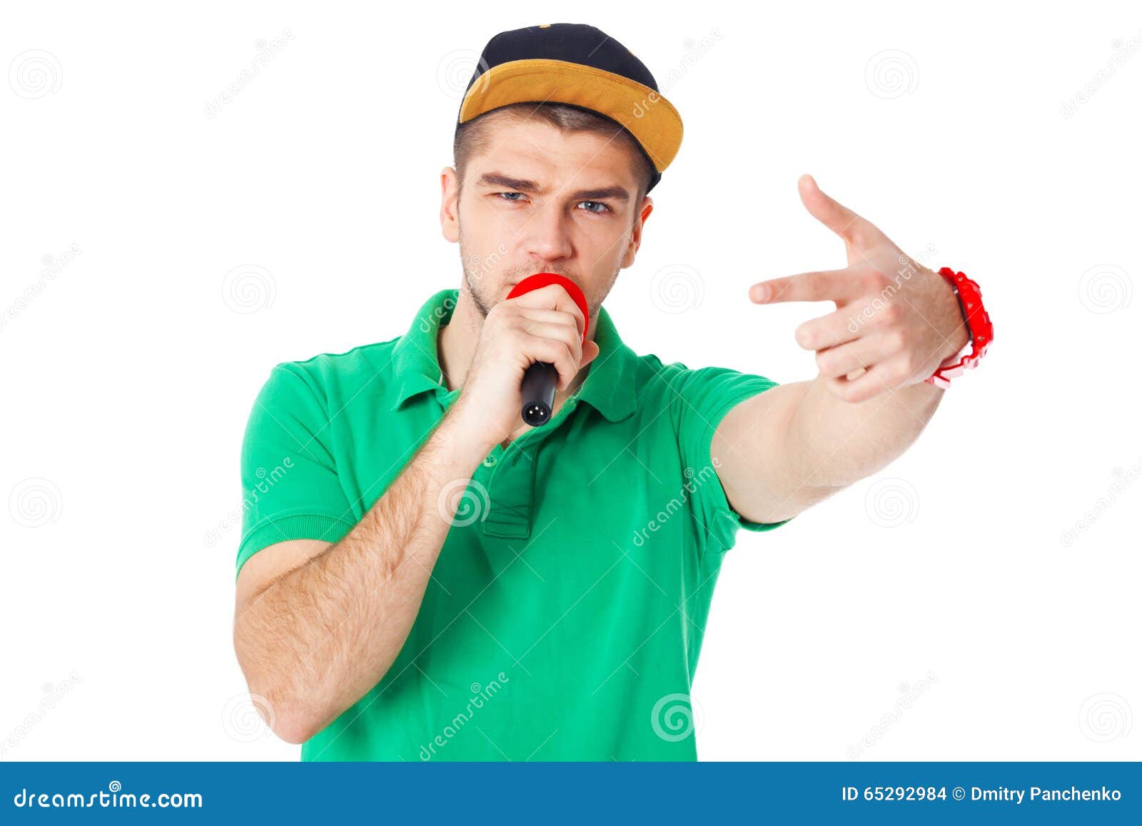 Portrait of Young Male Hip Hopper Singing in Studio Isolated on Stock