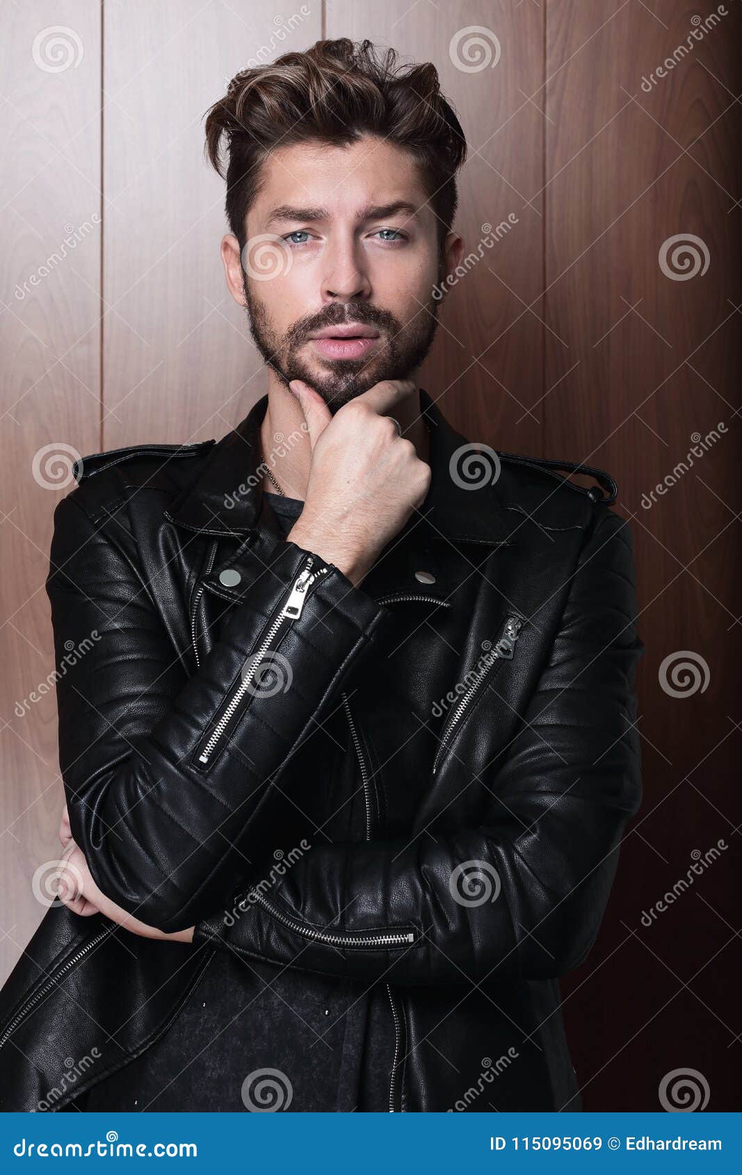 Man Fashion in Leather Jacket, Wooden Background Stock Image - Image of ...