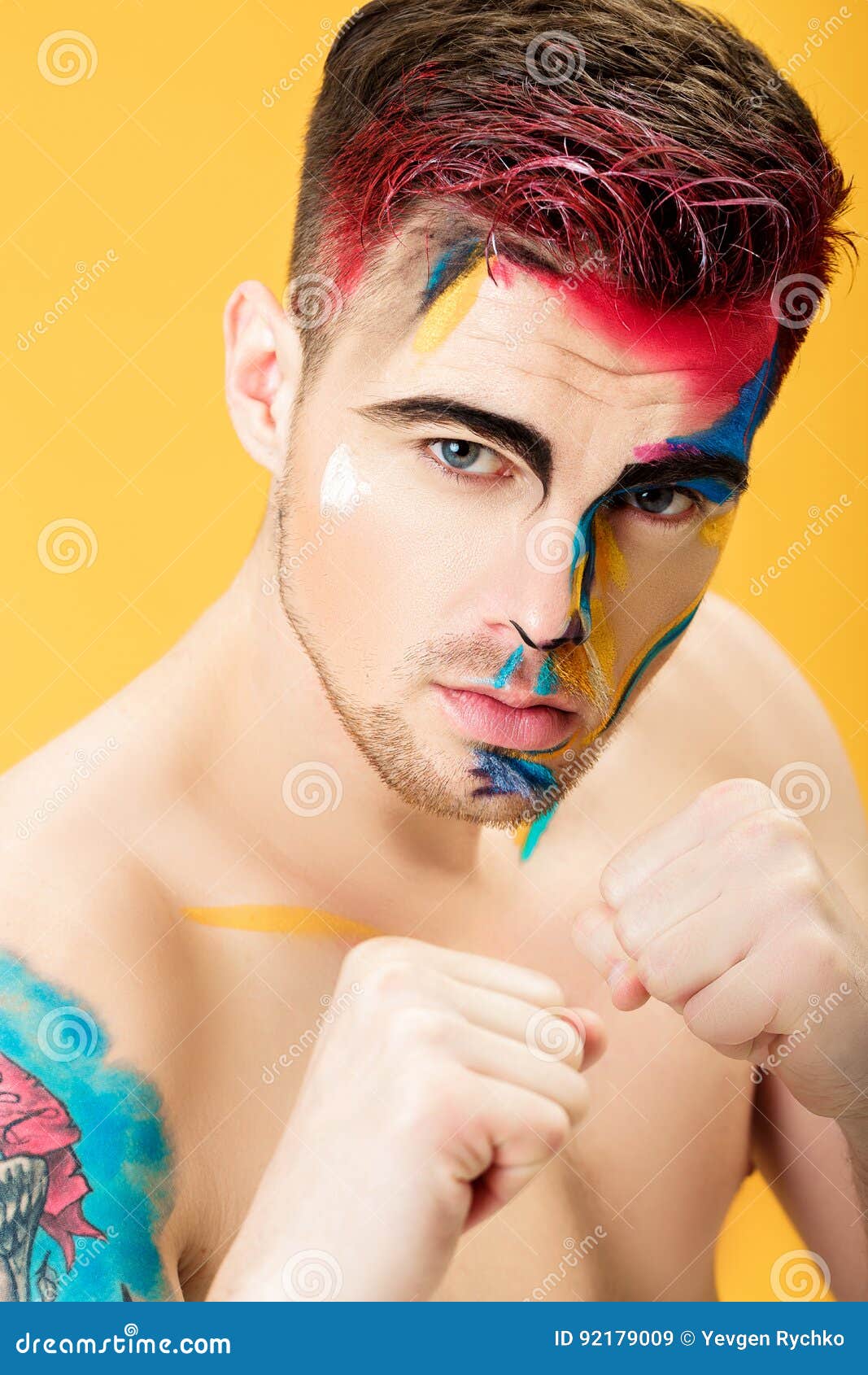 Portrait Of Young Man With White Face Paint. Professional Fashion