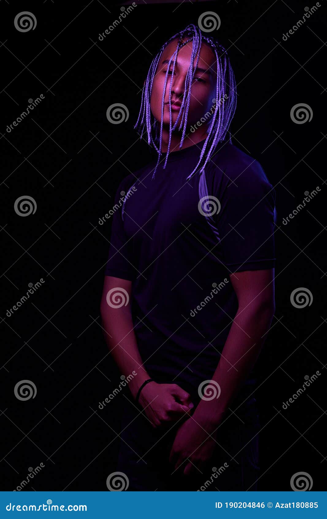 Portrait Of A Young Naked African Man At Studio High Fashion Male Model In Colorful Neon Bright 