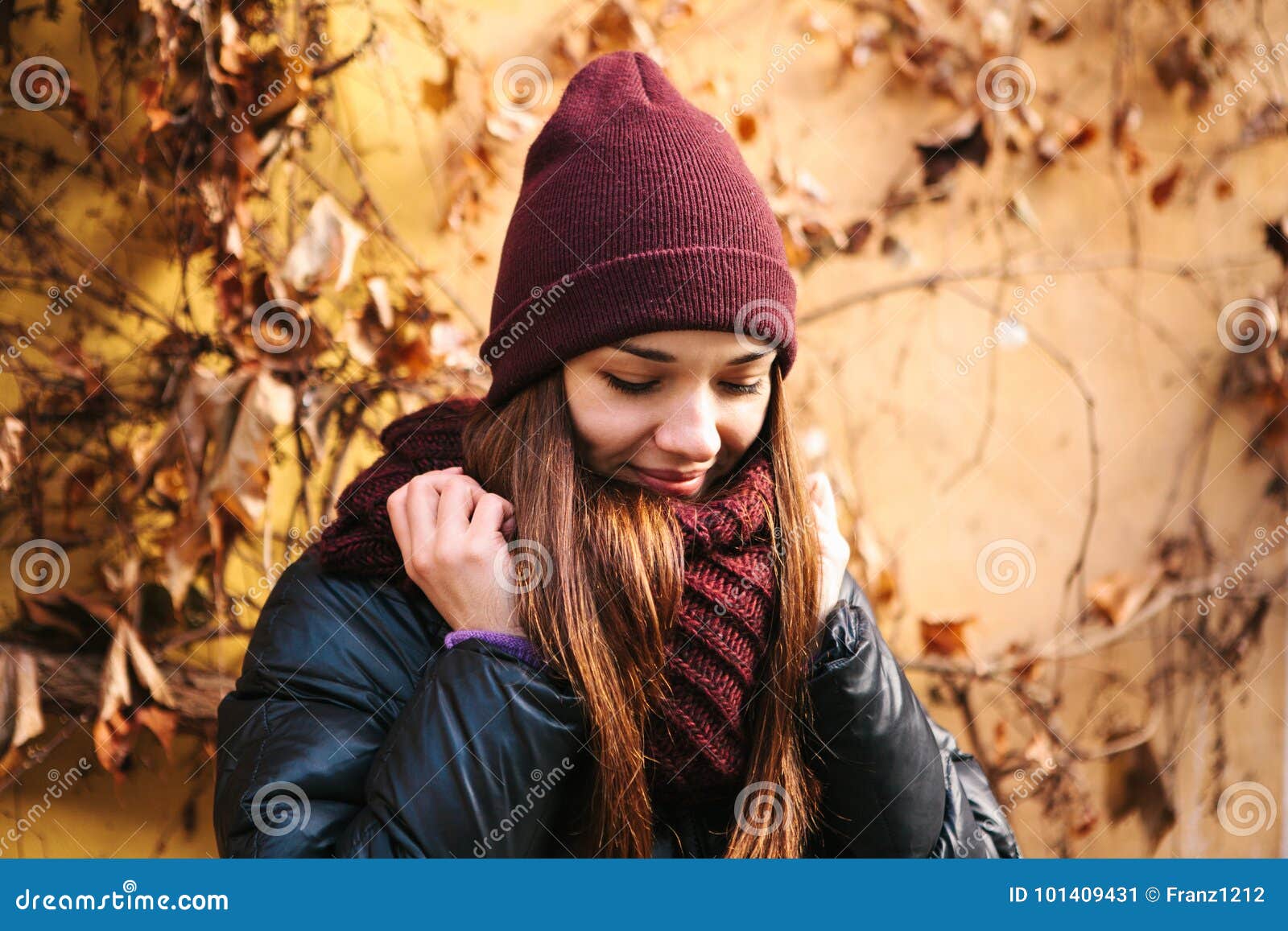 Portrait of Young Positive Beautiful Smiling Girl Adjusting Scarf in ...