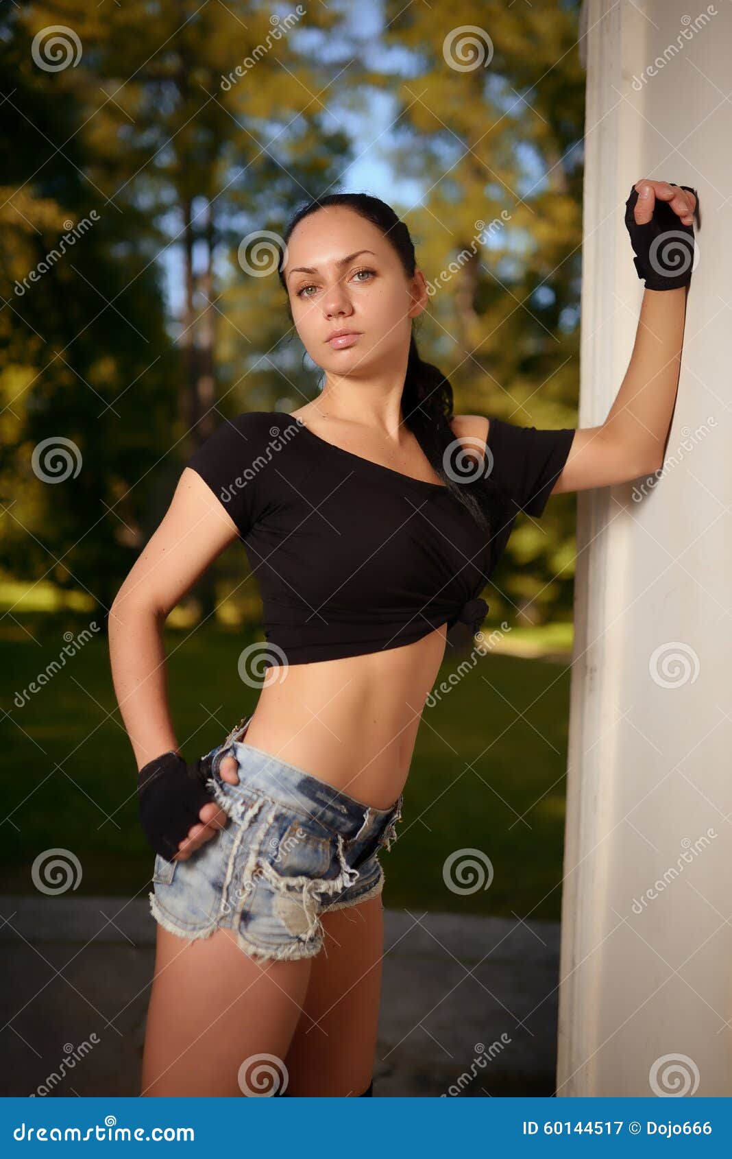 Portrait Young Swag Fashion Style Girl Posing at City Park Near Wall ...