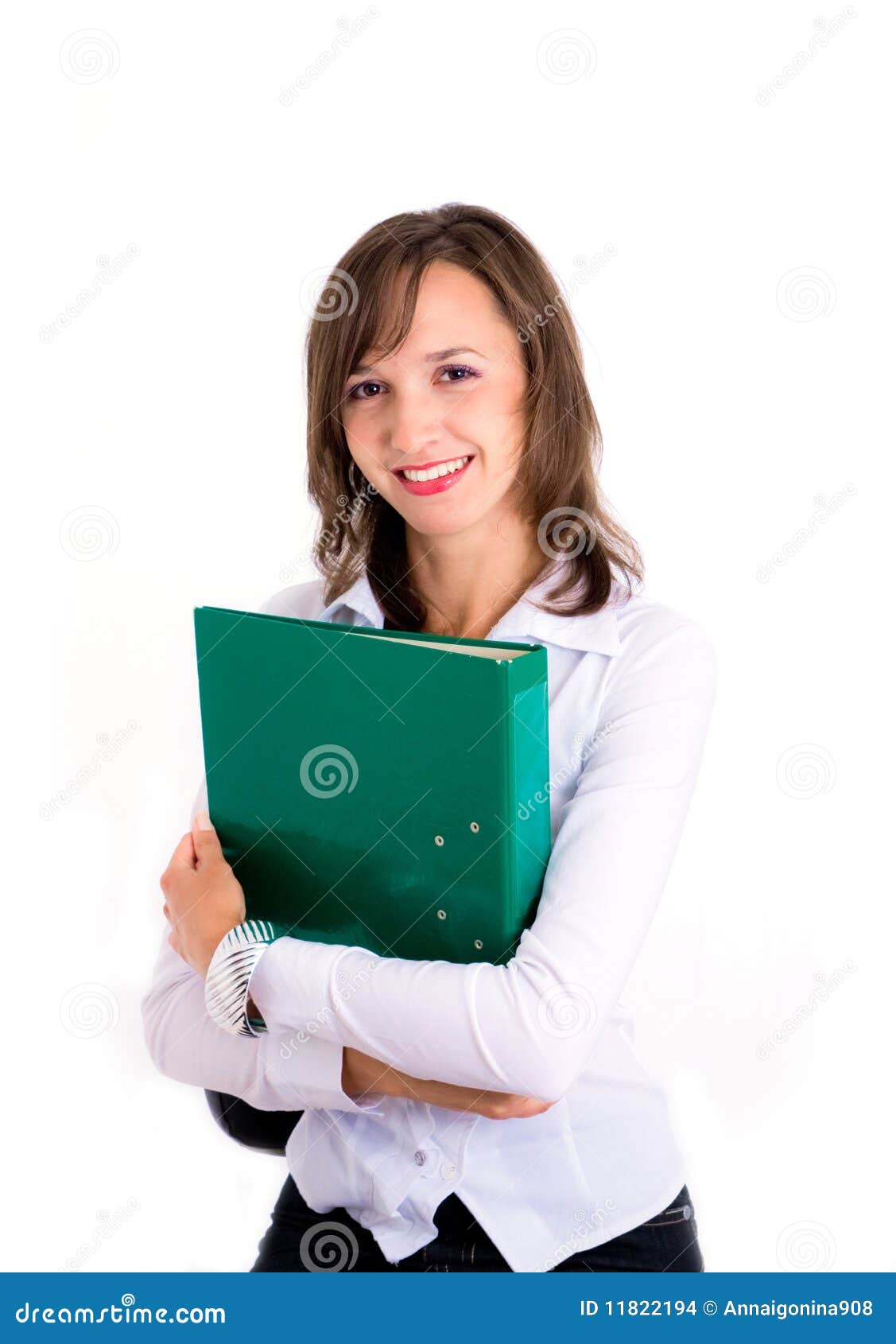 Portrait of young woman in white blouse with folder