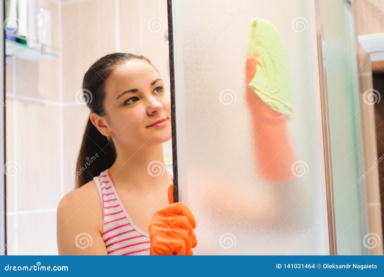 Portrait Of Young Woman Cleaning Shower Door Stock Photo Image Of