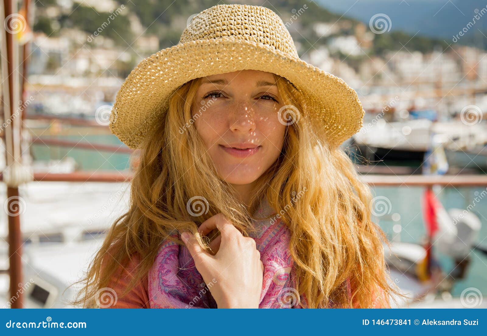 Portrait of Young Woman with Light Curly Hair in Straw Hat Stock Image -  Image of europe, adult: 146473841
