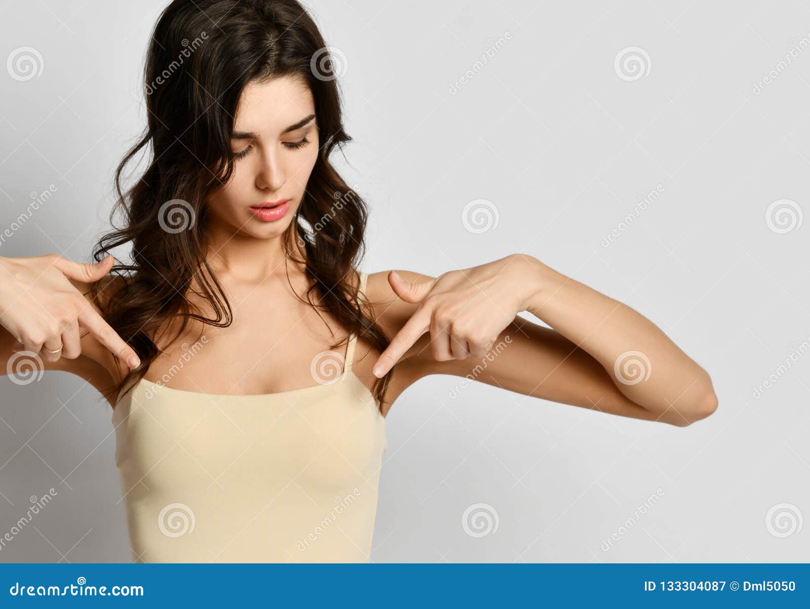 Portrait of Young Woman Pointing Fingers at Her Breast Chest with Free Text  Copy Space Stock Image - Image of guide, beauty: 133304087