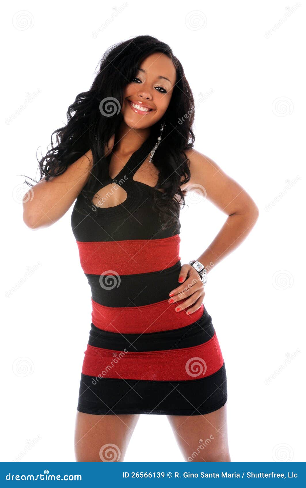Portrait of Young Woman in Red and Black Dress Stock Image - Image of background, beauty: 26566139
