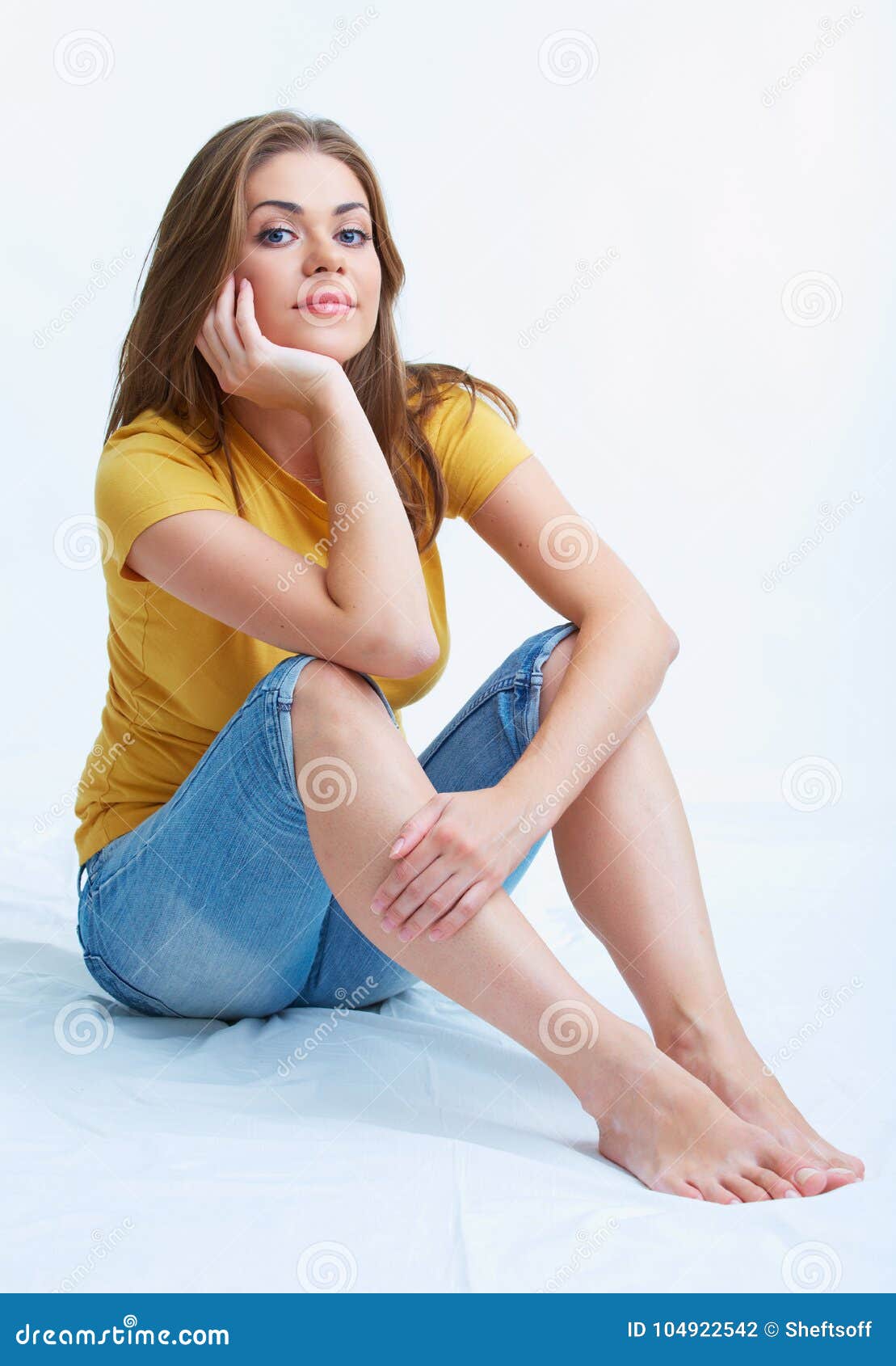 Woman sitting on a floor. stock photo. Image of beautiful - 104922542