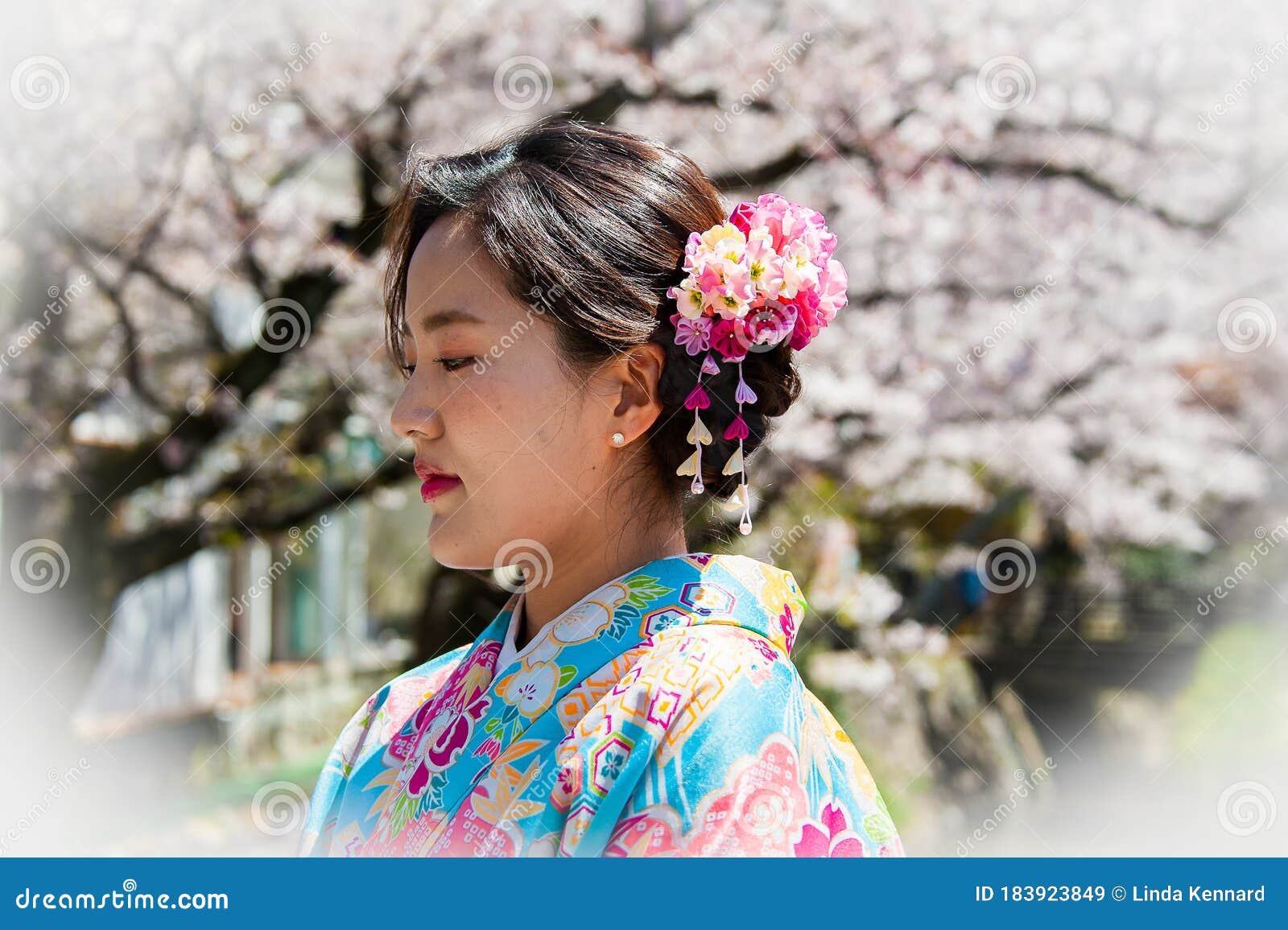 Portrait of a Beautiful Young Woman in Traditional Japanese Kimono with  Cherry Blossom Stock Image - Image of hanami, 30yrs: 183923849