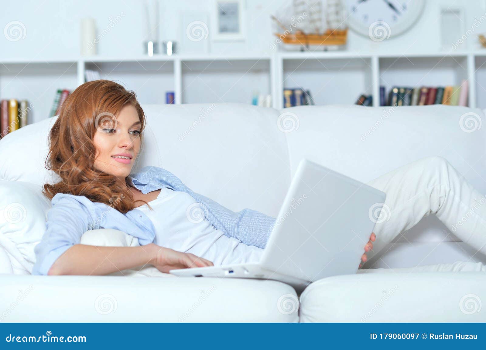 Portrait of Young Woman Using Laptop at Home Stock Image - Image of ...