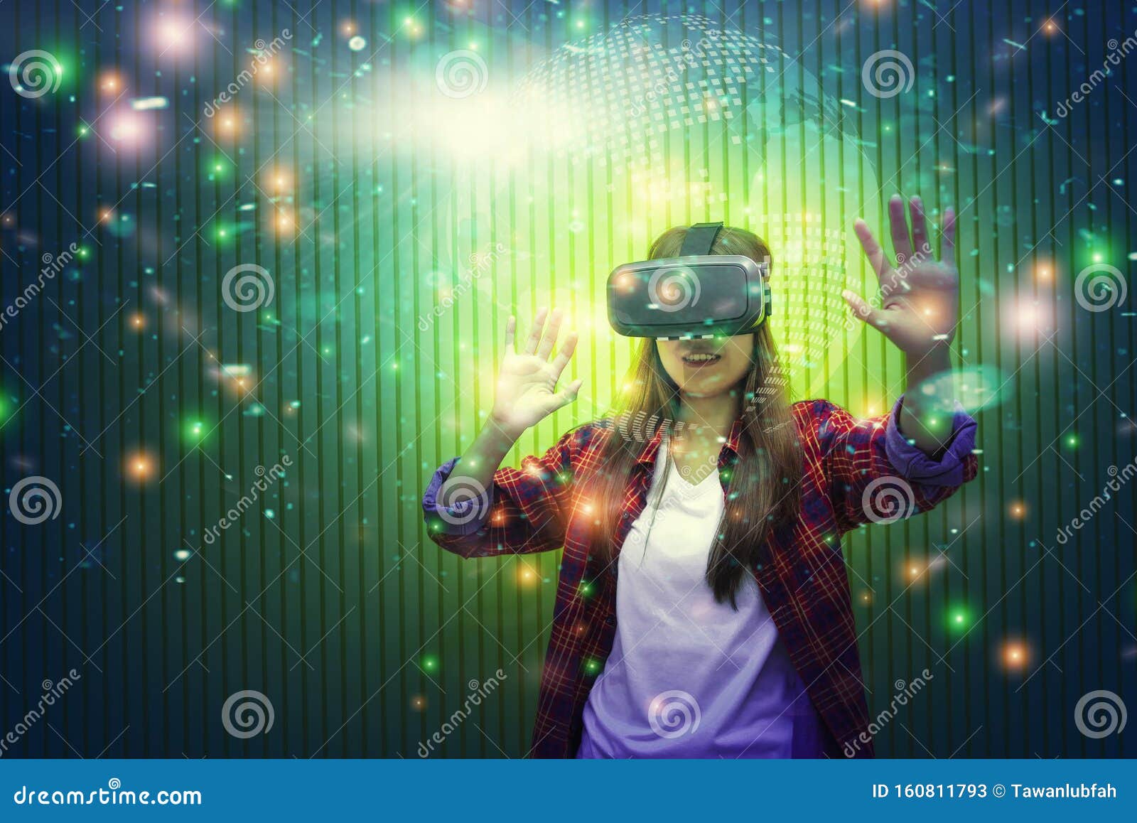 Portrait of Young Virtual Reality or VR for Gaming and Video that Showing Stars in the Galaxy Space. Future Technology Stock Image - Image of hands, disco: 160811793