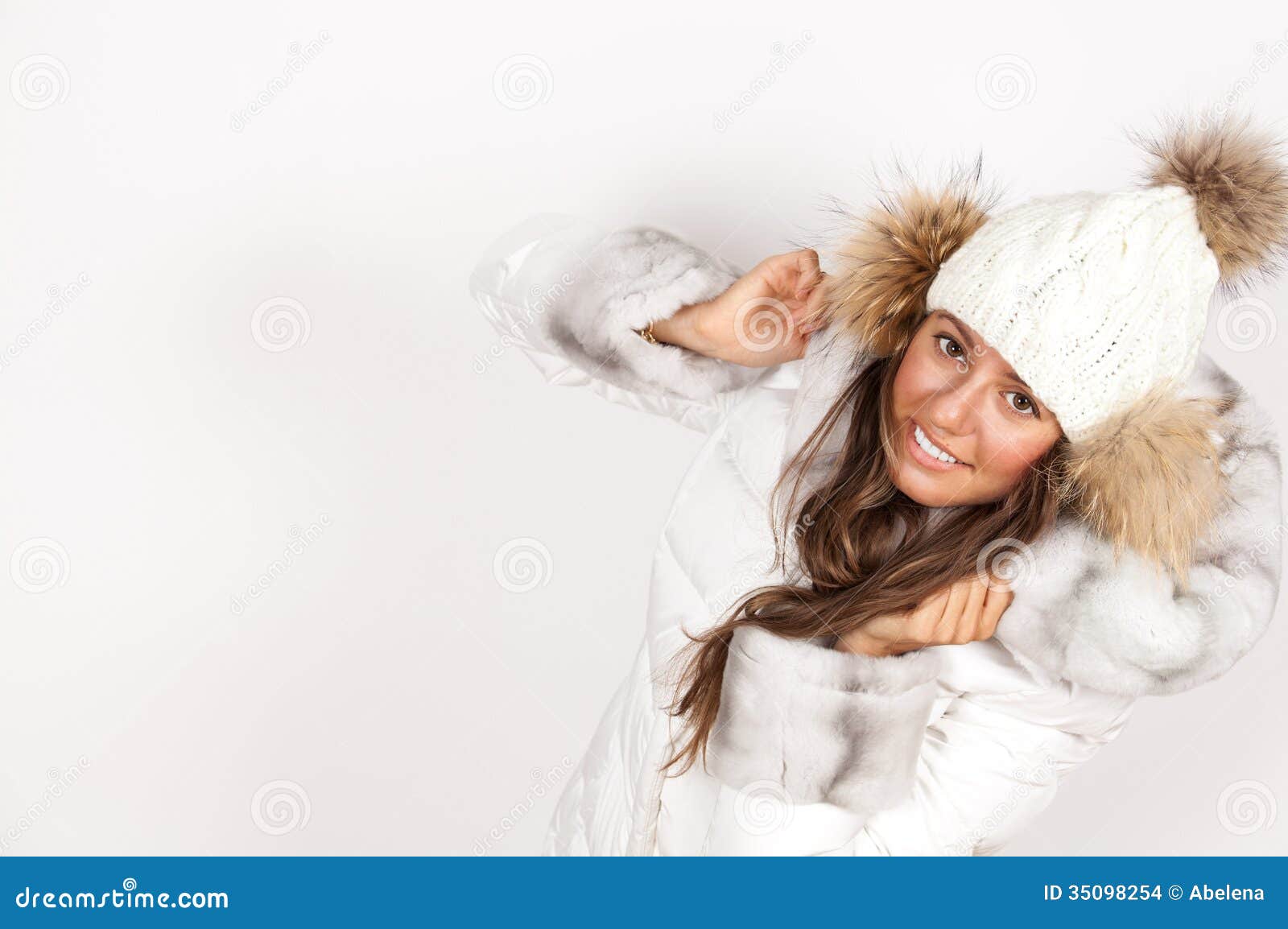 Portrait of Young Woman Wearing Puffer Jacket with Hood Stock Photo ...