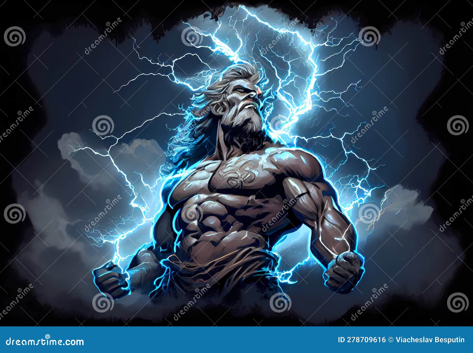Portrait of Zeus Against the Background of Clouds and Lightning. Stock