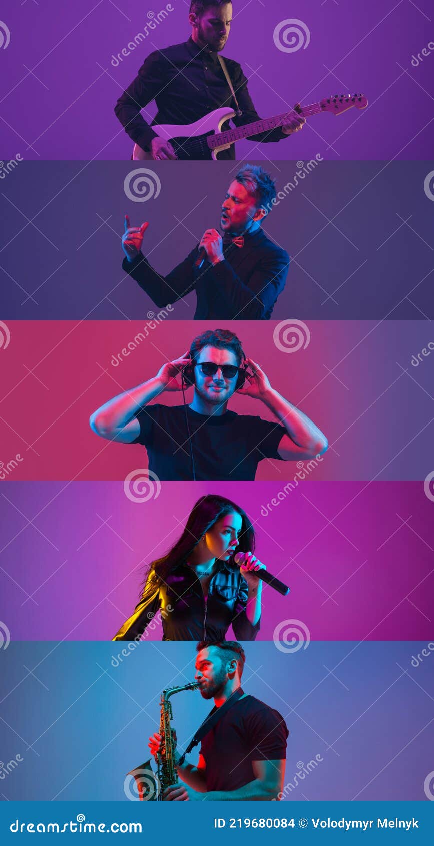 portrait of group of people on multicolored background in neon light, collage.