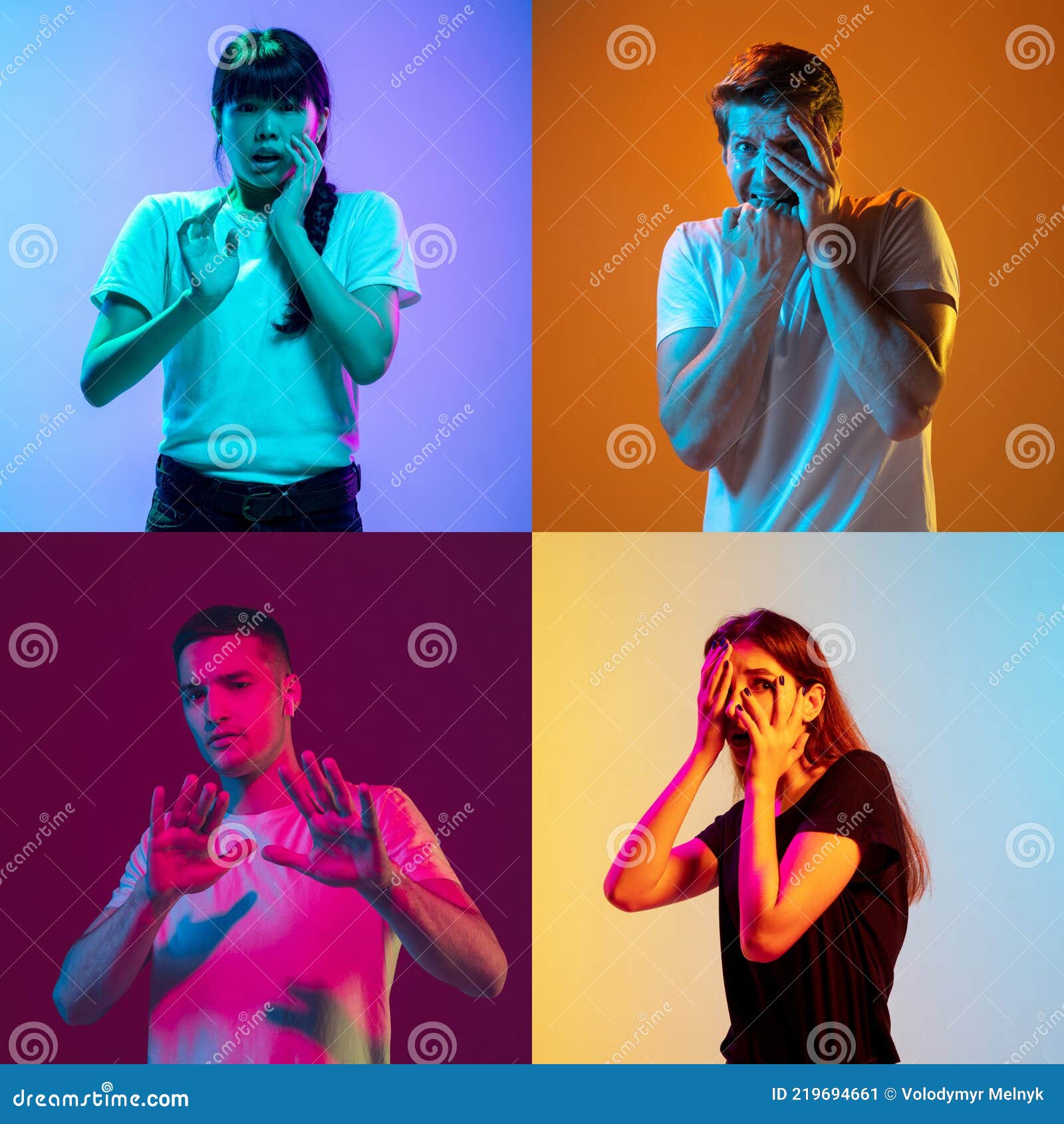 portrait of group of people on multicolored background in neon light, collage.