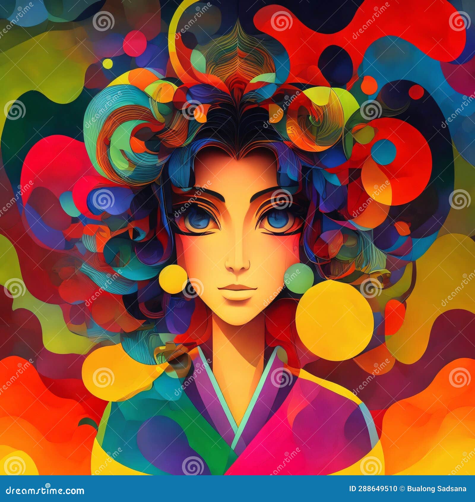portraits of a samurai devil cyborg. retro anime style  on a colorful background. beautiful and strong characters.