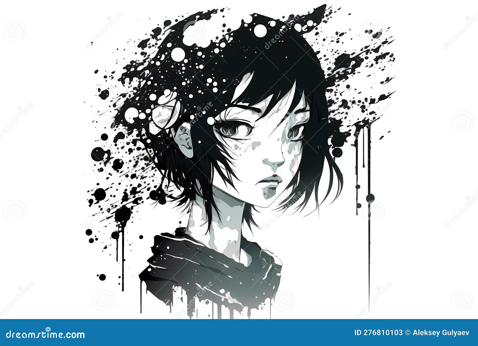 Portret Sad Anime Girl. Icon Portrait. Black and White Lines