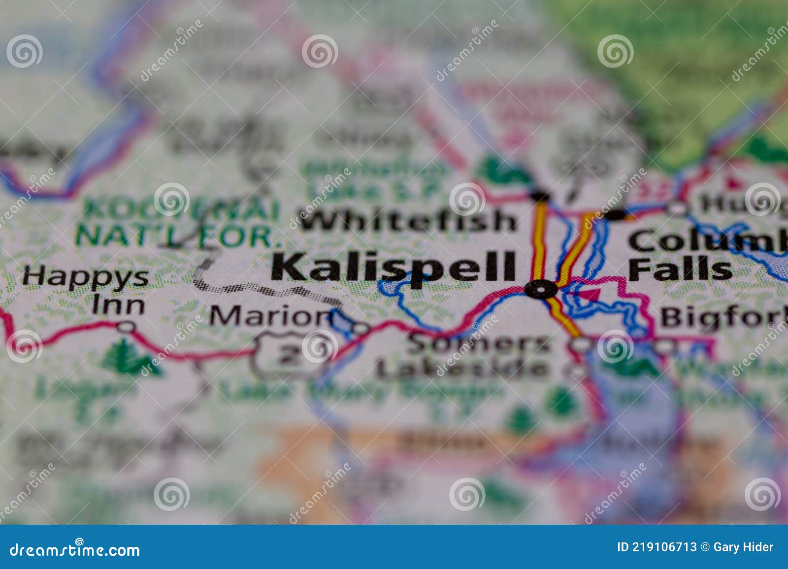 05-19-2021 portsmouth, hampshire, uk, kalispell montana usa shown on a geography map or road map