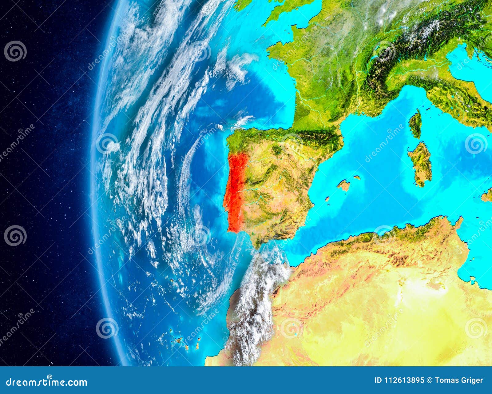 Portugal auf Erde vom Raum. Karte von Portugal, wie vom Raum auf Planet Erde mit Wolken und Atmosphäre gesehen Abbildung 3D Elemente dieses Bildes geliefert von der NASA
