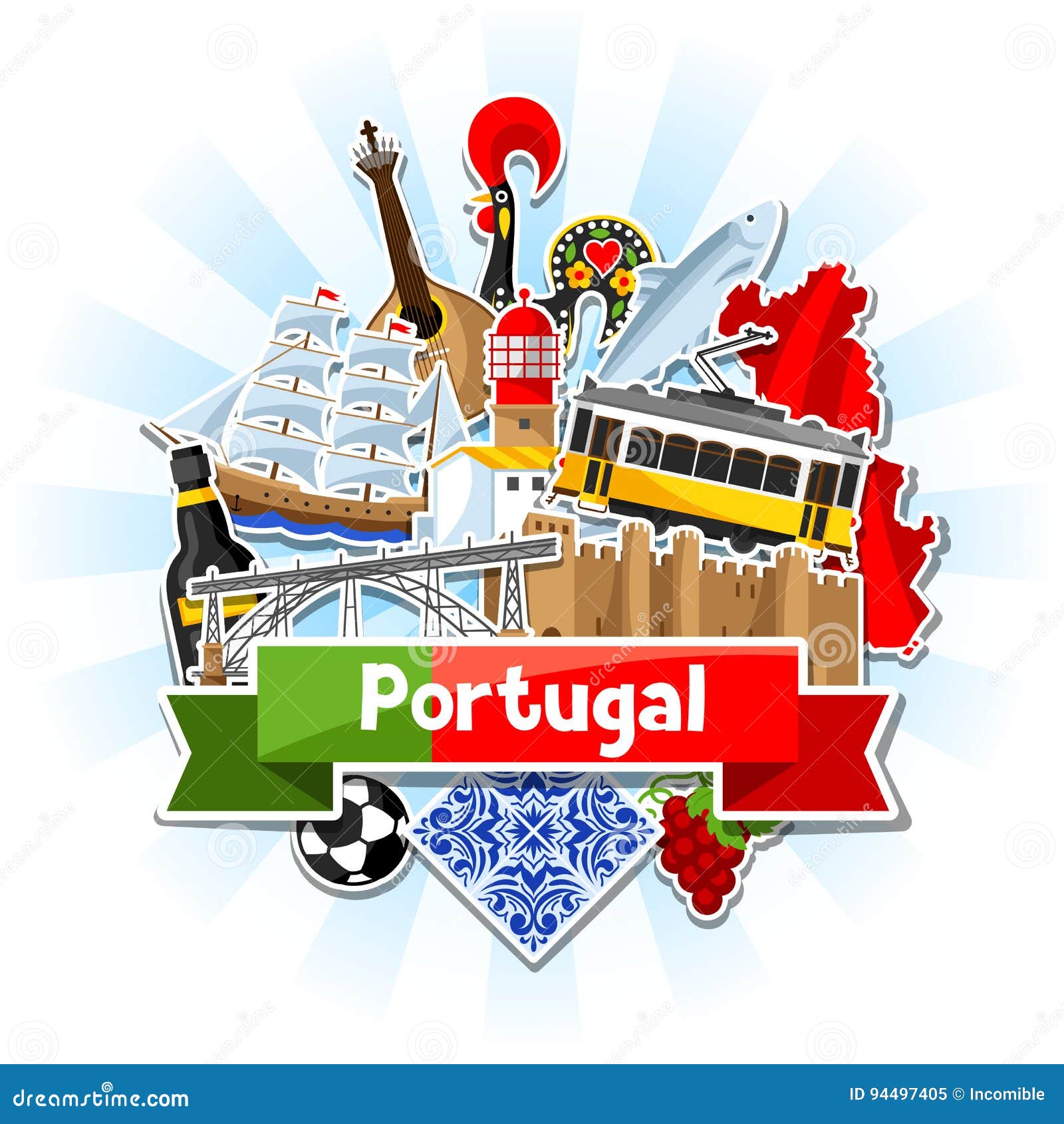 portugal background with stickers. portuguese national traditional s and objects