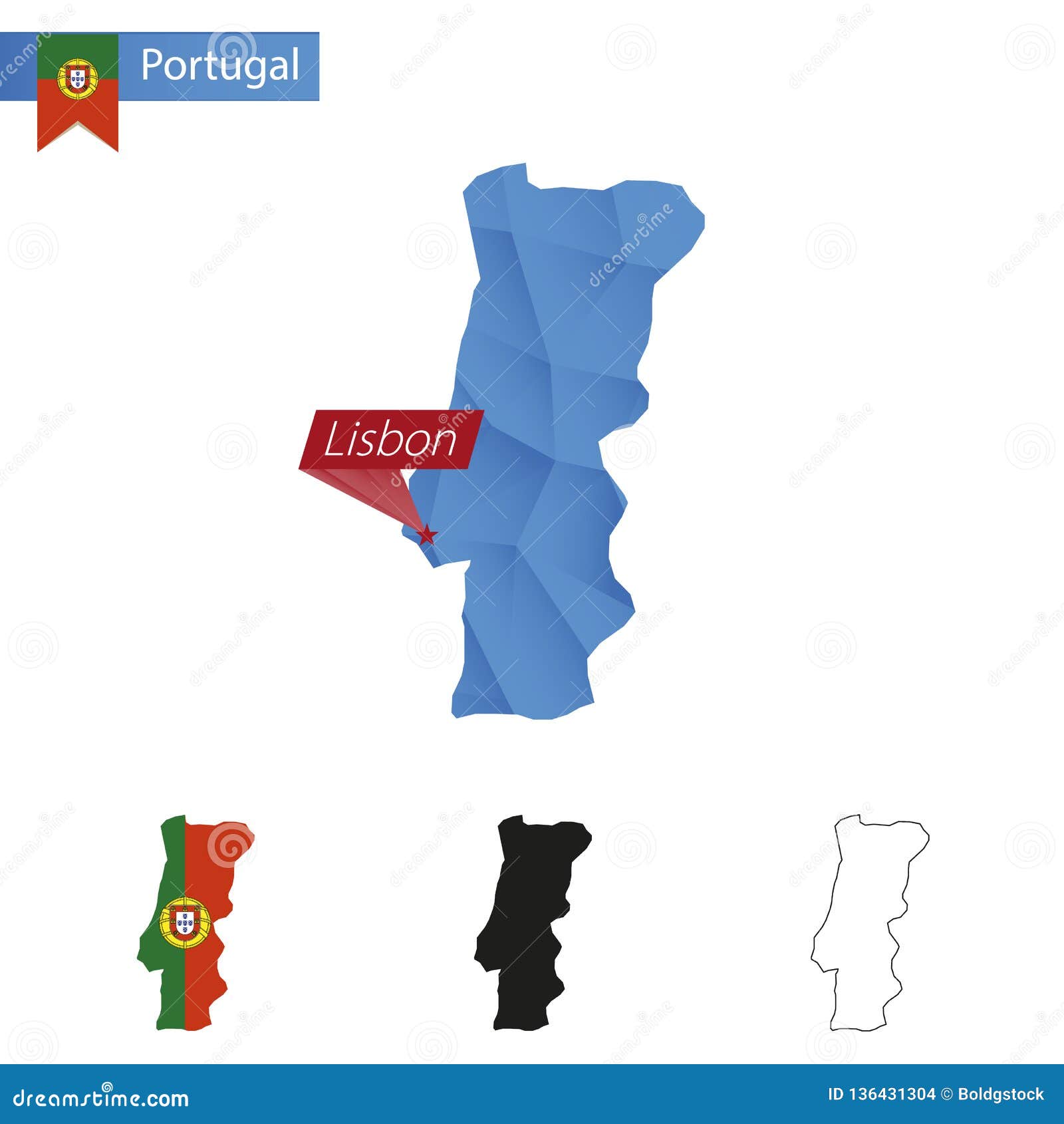 Abstract Blue World Map With Magnified Portugal. Portugal Flag And