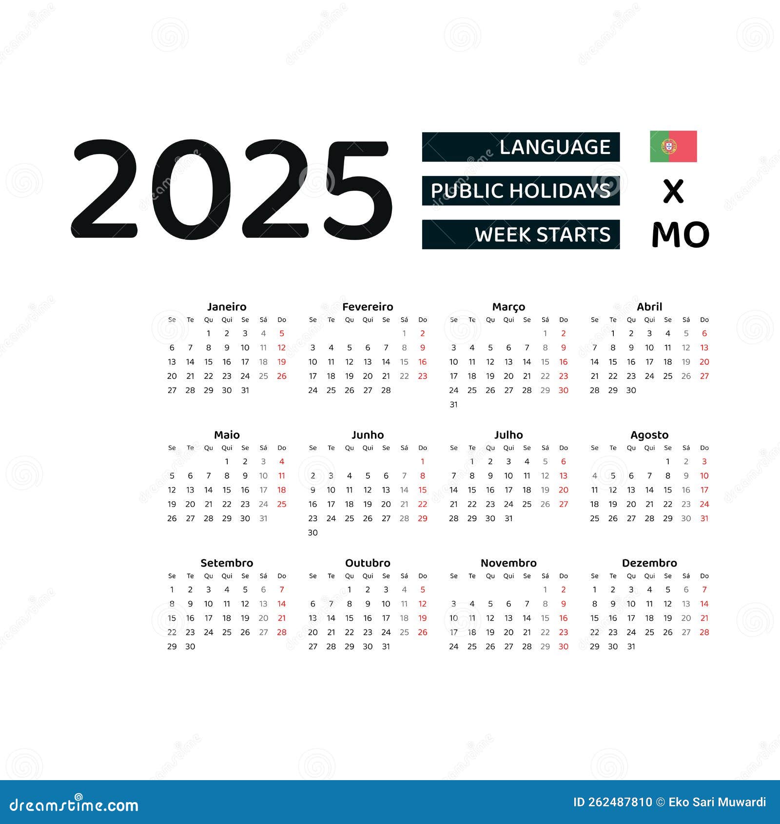 Portugal Calendar 2025. Week Starts from Monday. Vector Graphic Design Stock Vector
