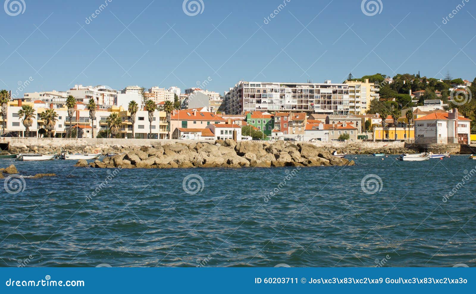 portugal, coastal road (estrada marginal) between lisboa, estoril and cascais viewd from the sea