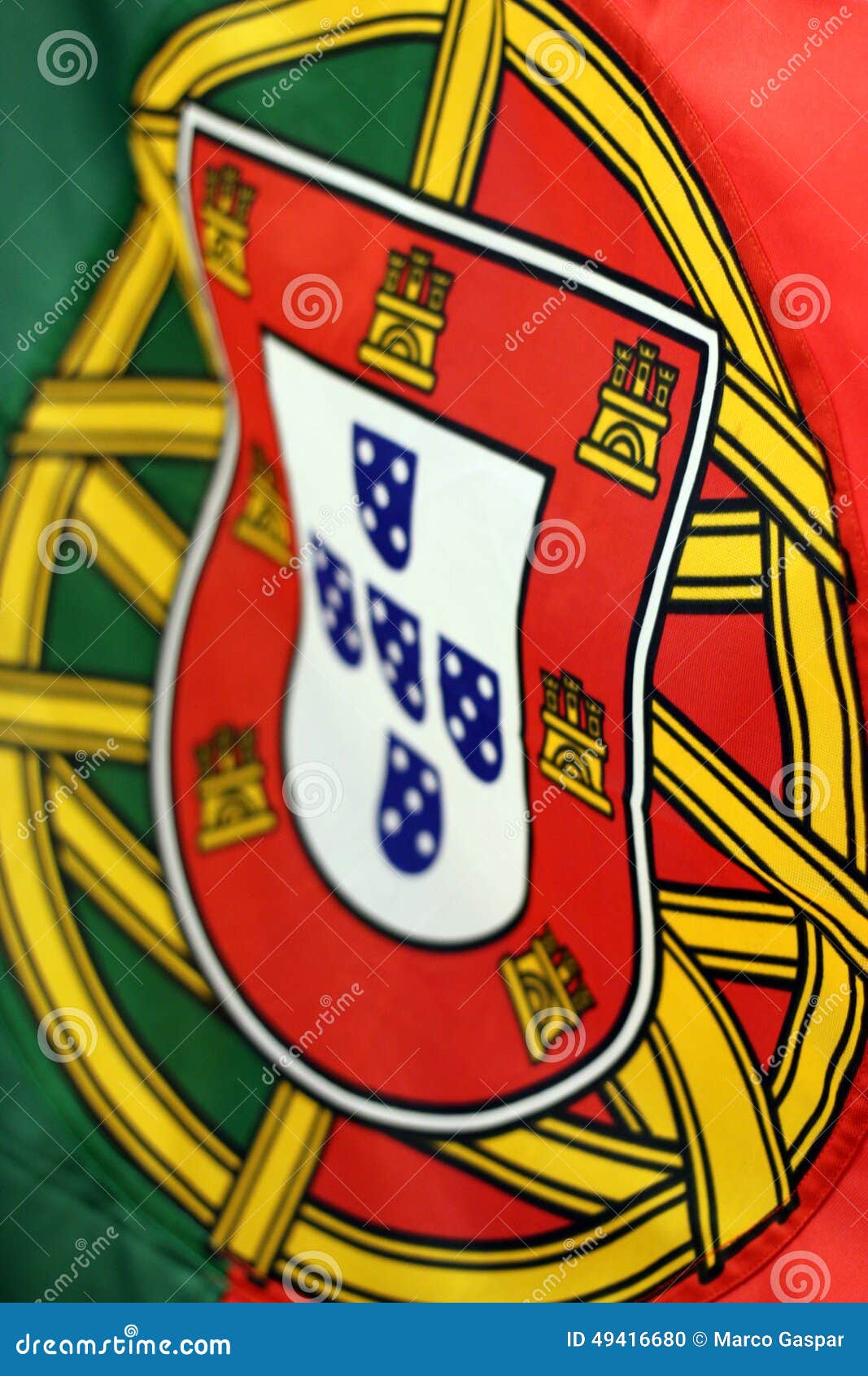 Portugal flag detail. Portuguese macro flag detail of shield and castles