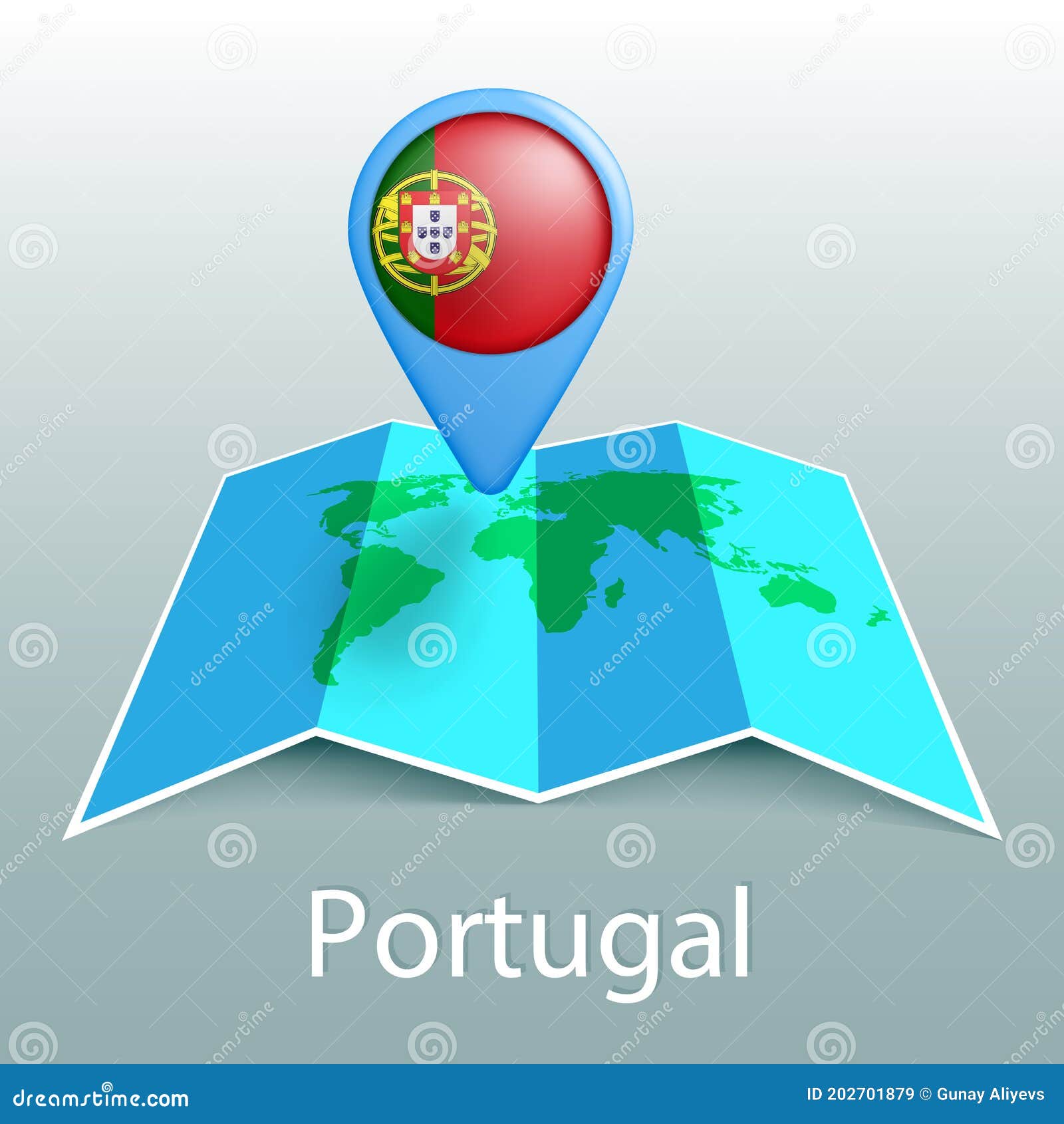 Abstract Blue World Map With Magnified Portugal. Portugal Flag And