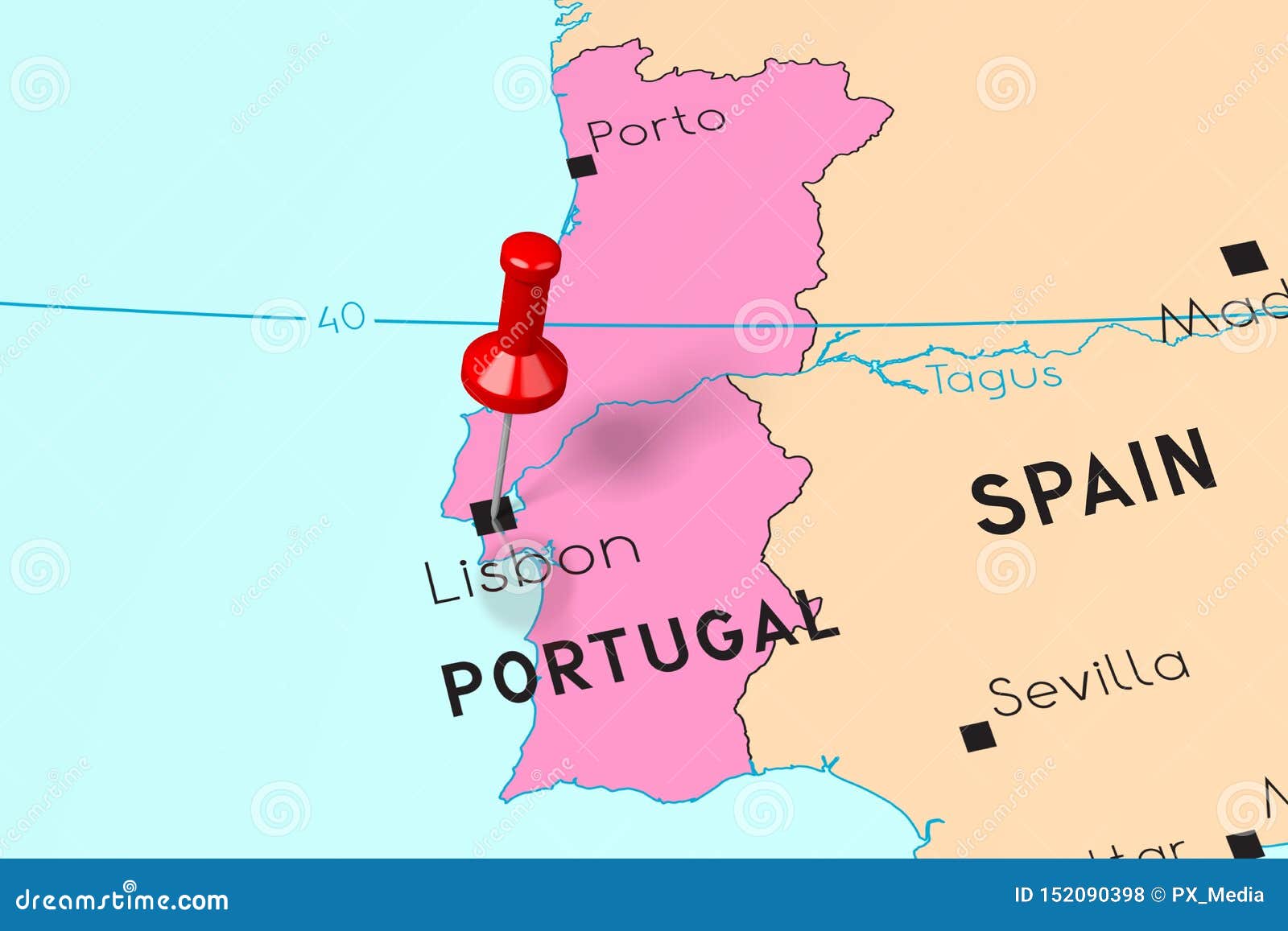 Portugal, Lisbon - Capital City, Pinned on Political Map Stock
