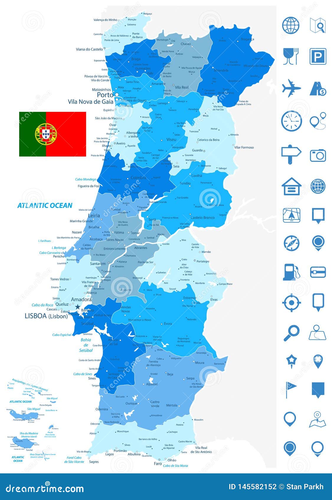 Abstract Blue World Map With Magnified Portugal. Portugal Flag And