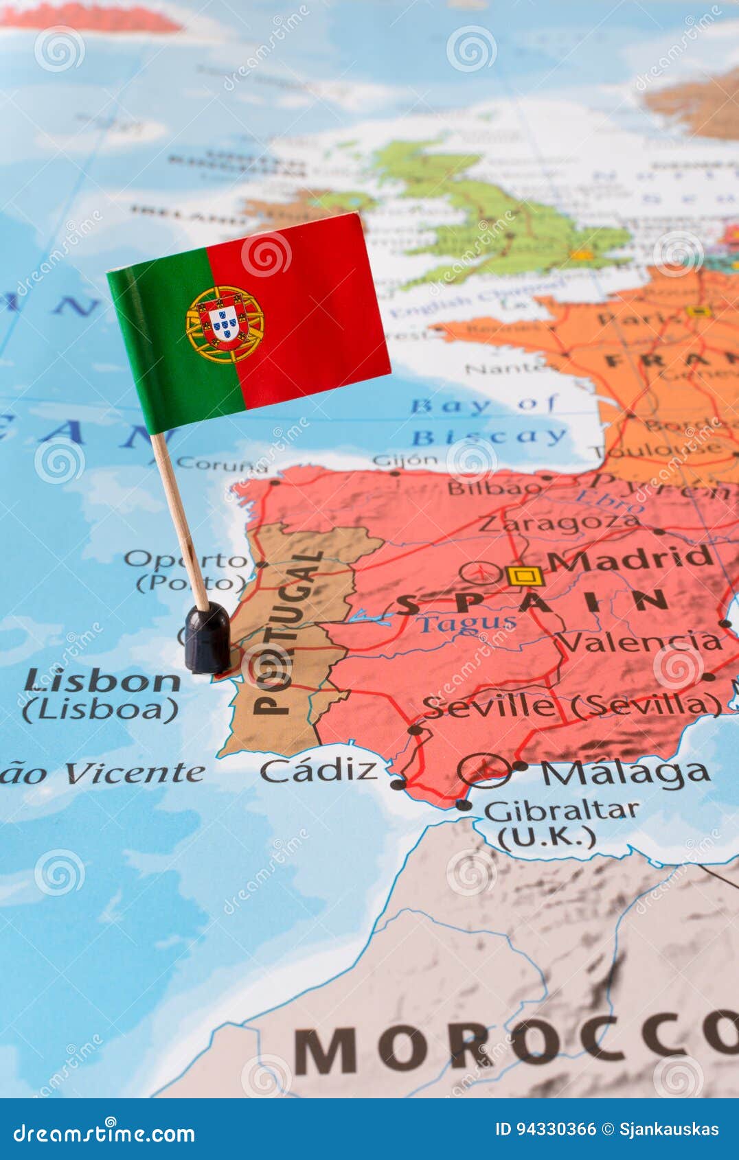 Portugal Map on a World Map with Flag and Map Pointer. Vector