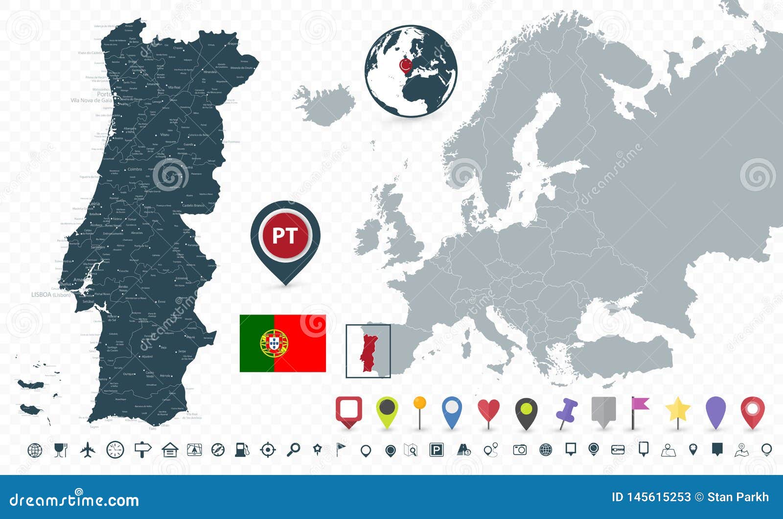 Portugal Map and Portugal Location on Europe Map Isolated on