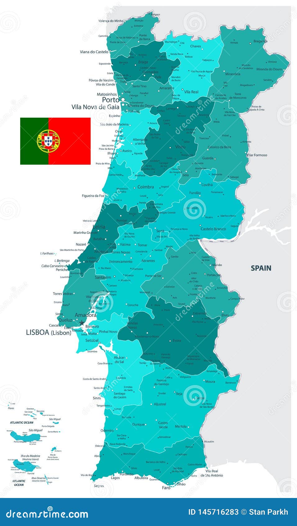 Colorful Portugal political map with clearly labeled, separated