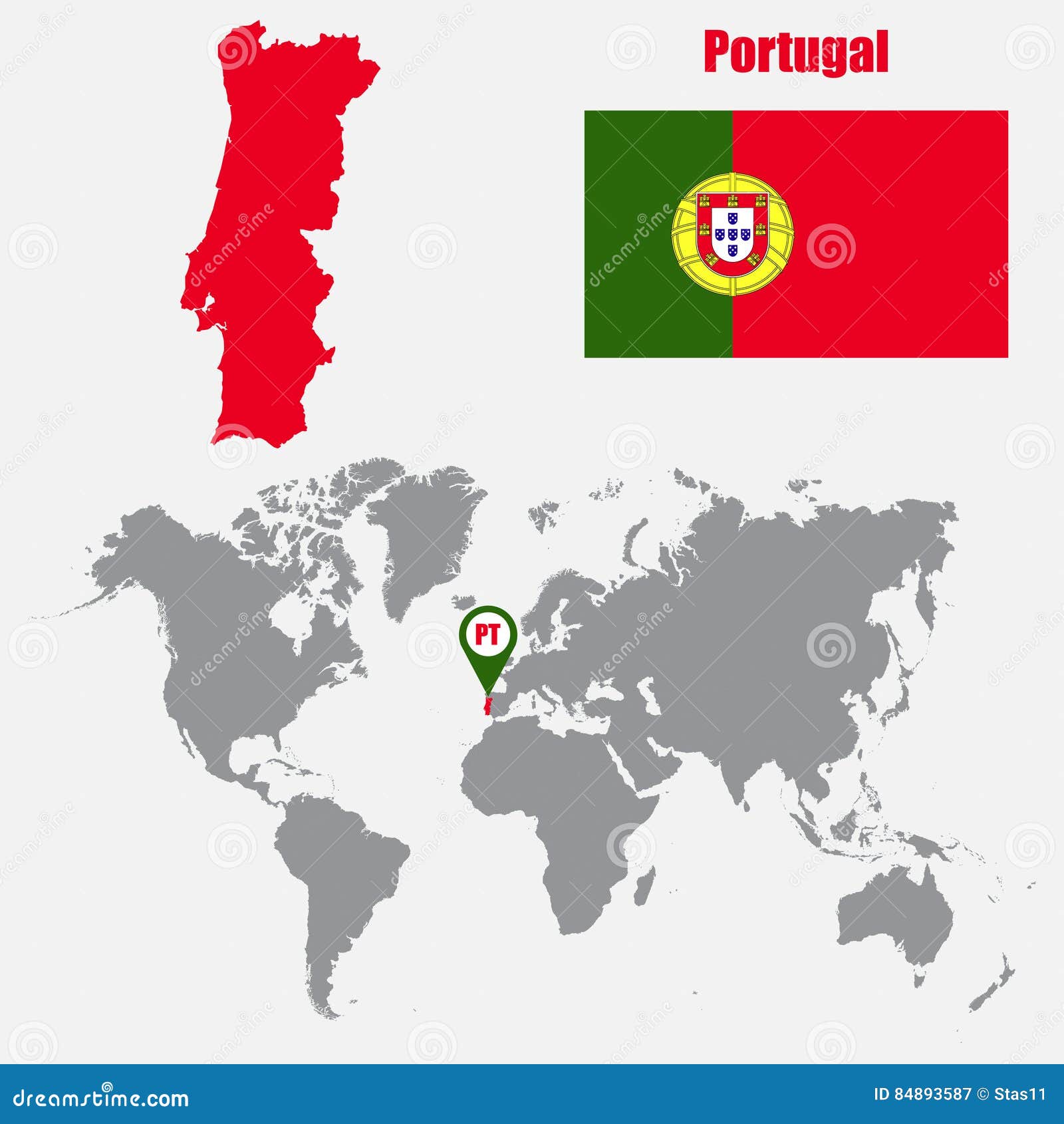 Portugal Map on a World Map with Flag and Map Pointer. Vector