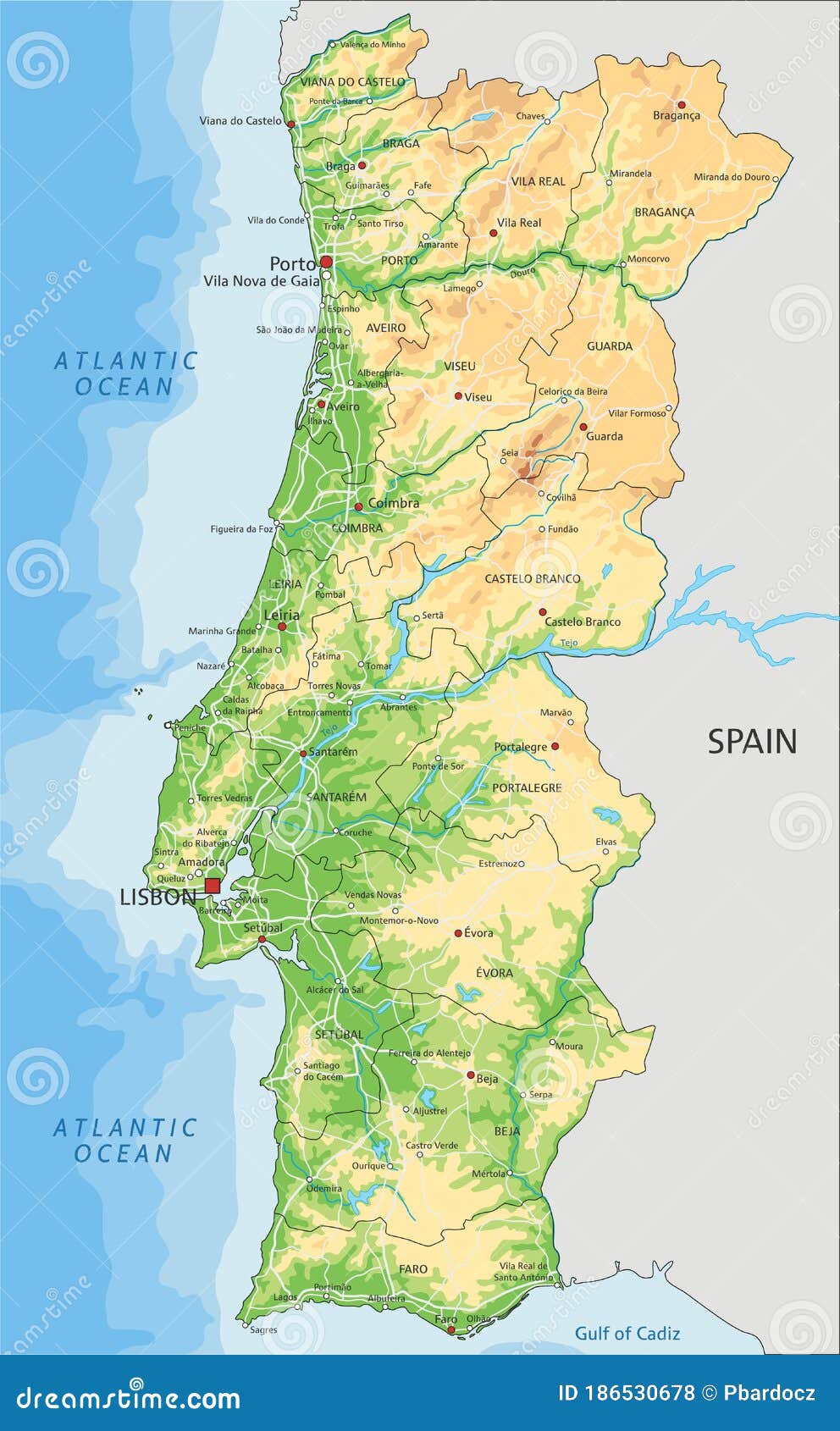 high detailed portugal physical map with labeling.